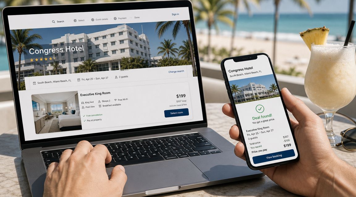 A person using a laptop and smartphone to book a stay at the Congress Hotel in South Beach.