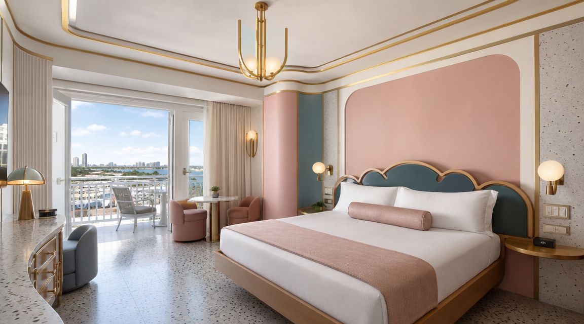 A luxurious, modern hotel room in South Beach with a king-sized bed, soft pink accents, and a balcony overlooking the ocean.