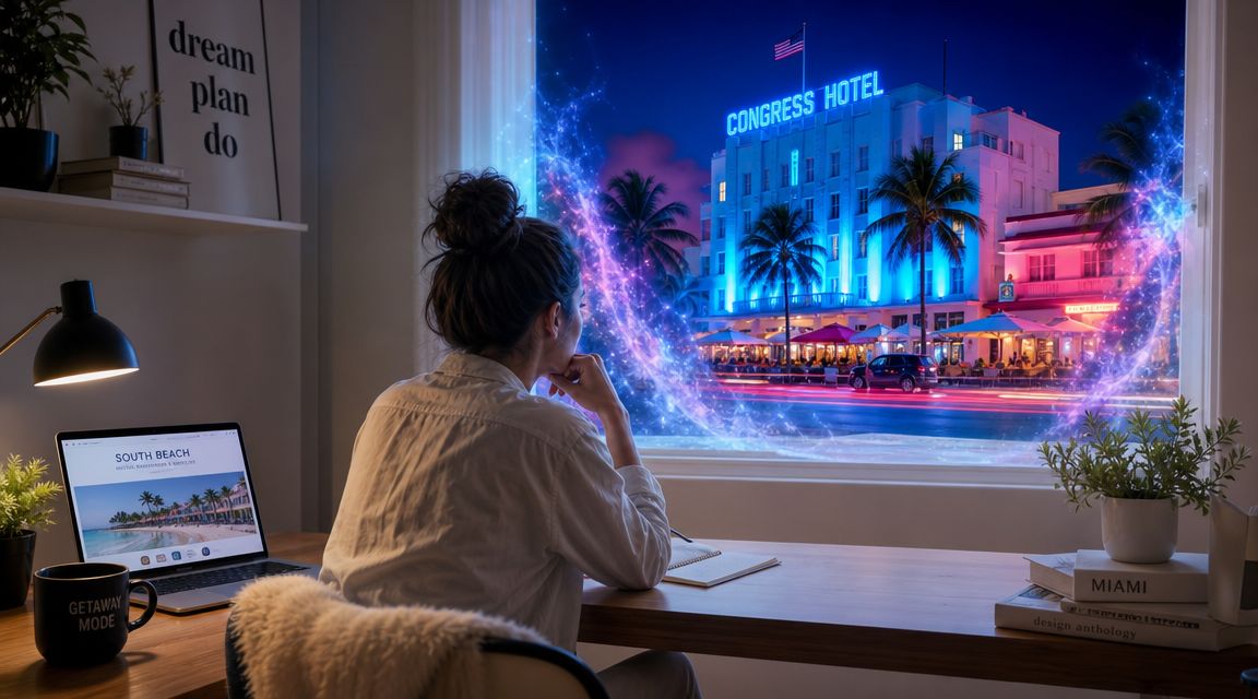 A woman looks through her window at a magical portal showing the illuminated Congress Hotel in South Beach.