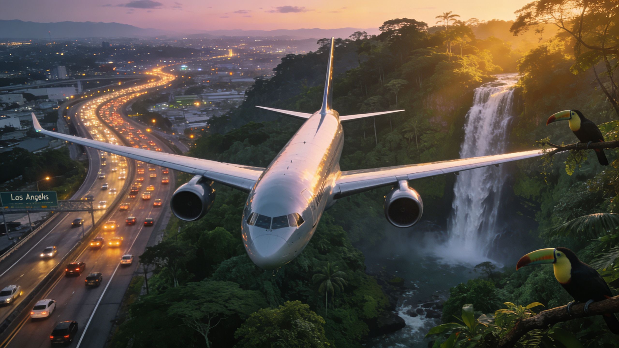 A surreal digital composite showing an airplane flying over a Los Angeles highway and a tropical waterfall.