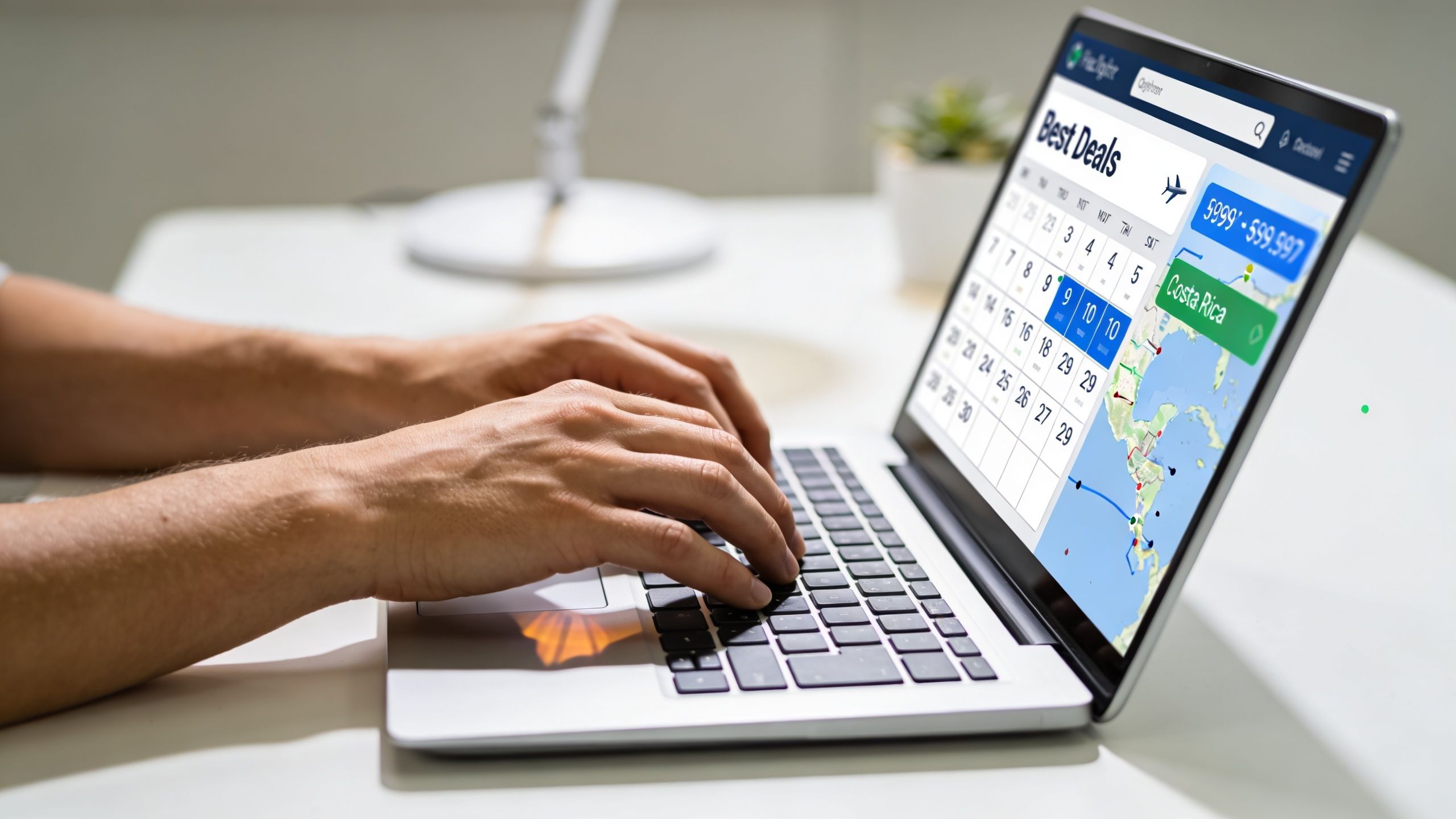 A person using a laptop to search for travel deals and flights to Costa Rica online.