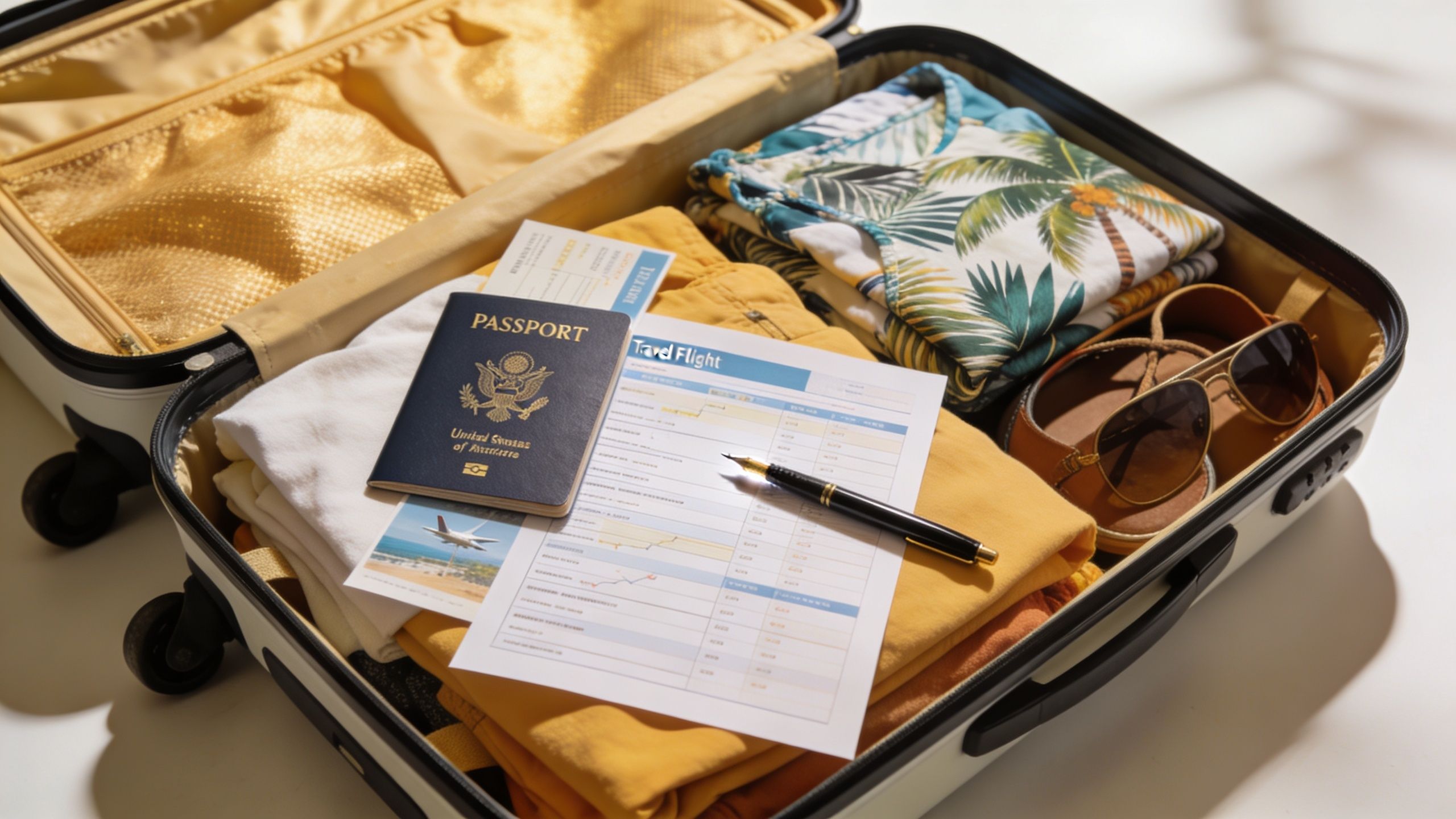 An open suitcase packed with summer clothing, a US passport, sunglasses, and travel flight documents for vacation.