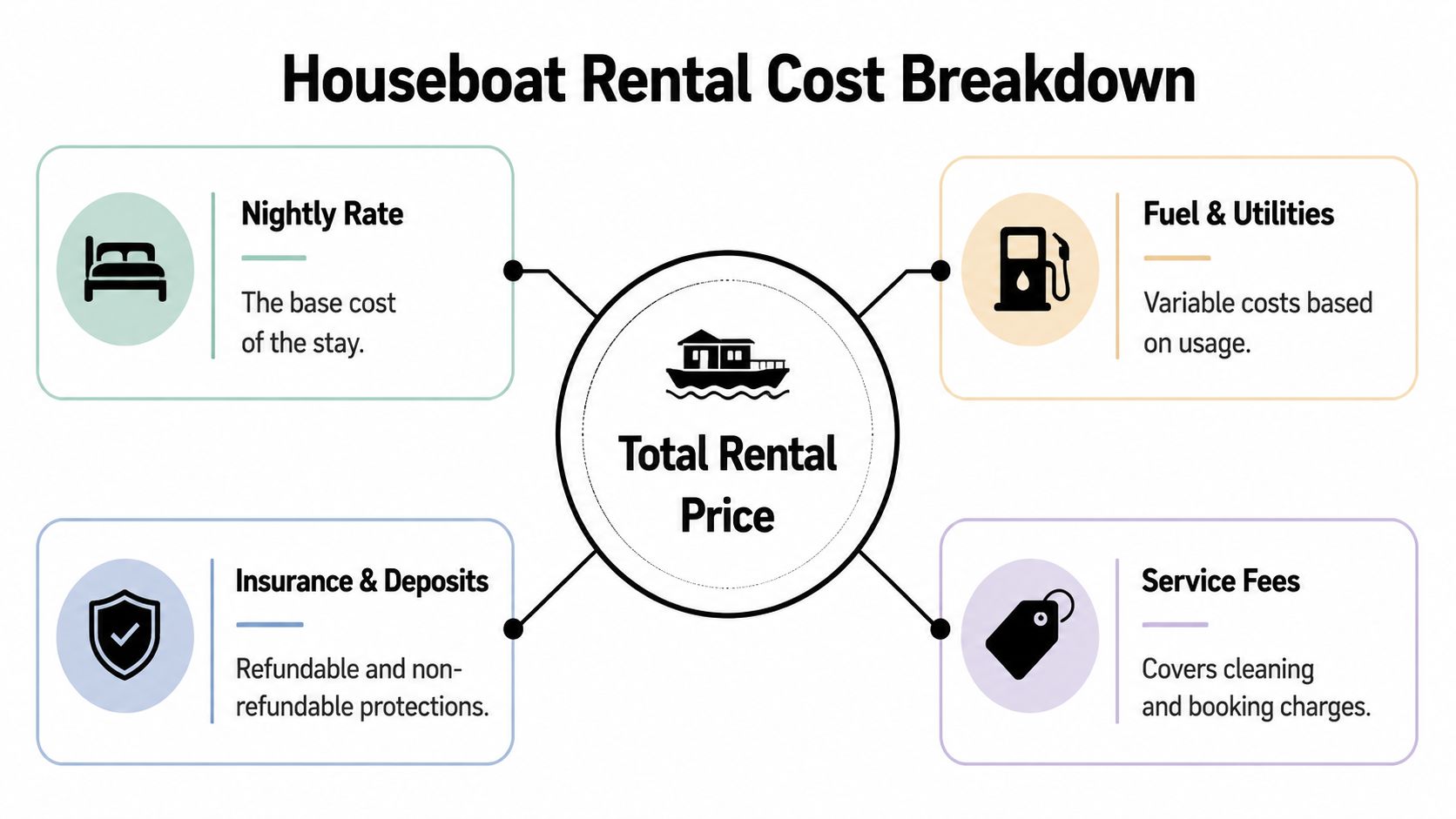 A diagram illustrating the four main components contributing to the total price of a houseboat rental.