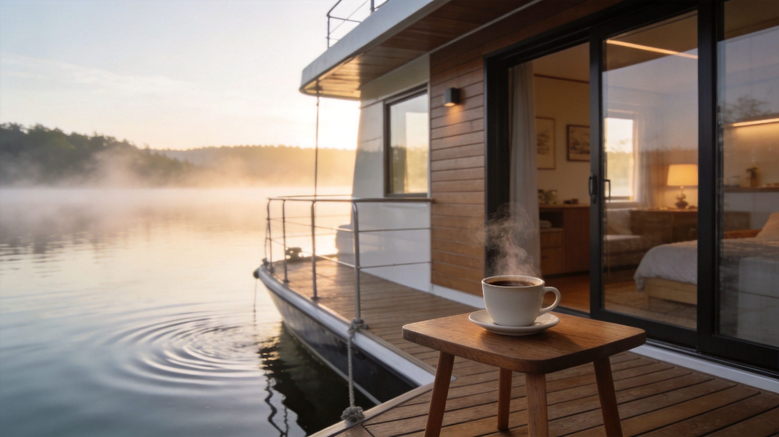 A steaming cup of hot coffee sits on a small table on a houseboat deck during sunrise.