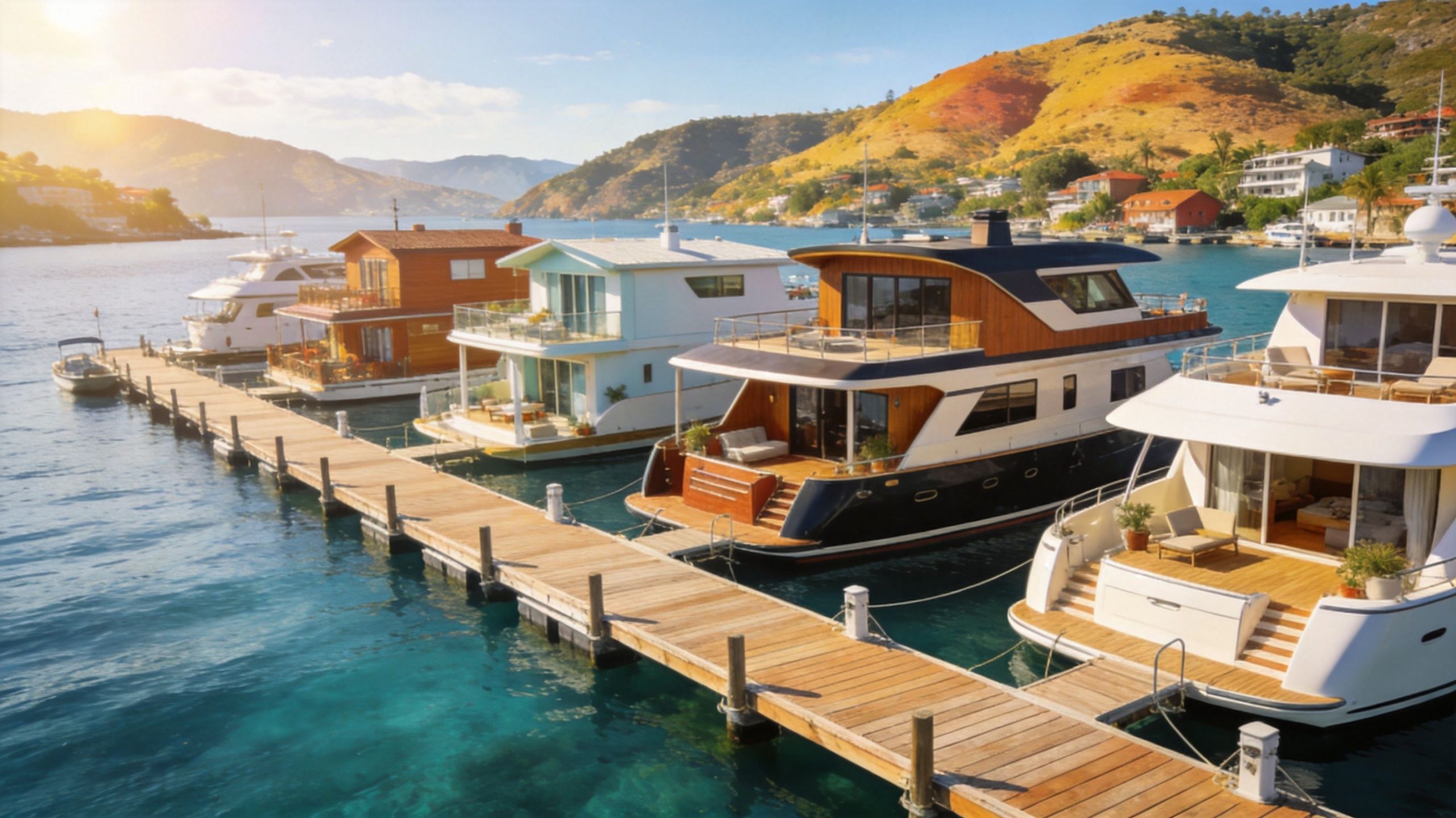 A scenic harbor featuring several modern houseboats docked along a long wooden pier at sunset.