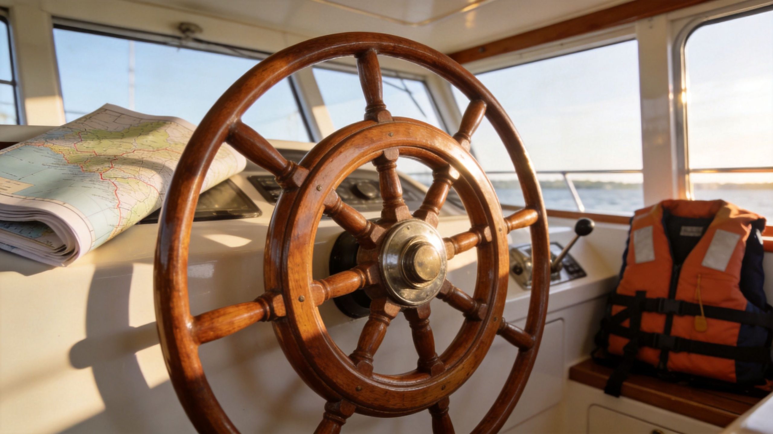 A wooden ship steering wheel sits on the bridge of a vessel with a map and lifejacket.