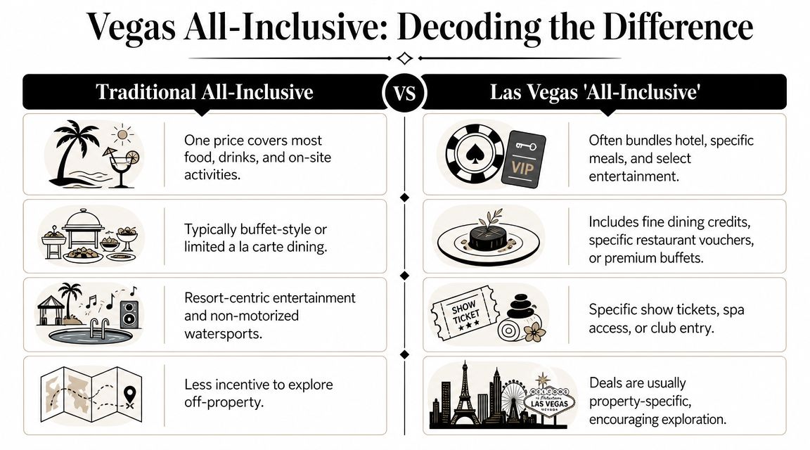 A comparison infographic detailing the key differences between traditional all-inclusive resorts and Las Vegas style packages.
