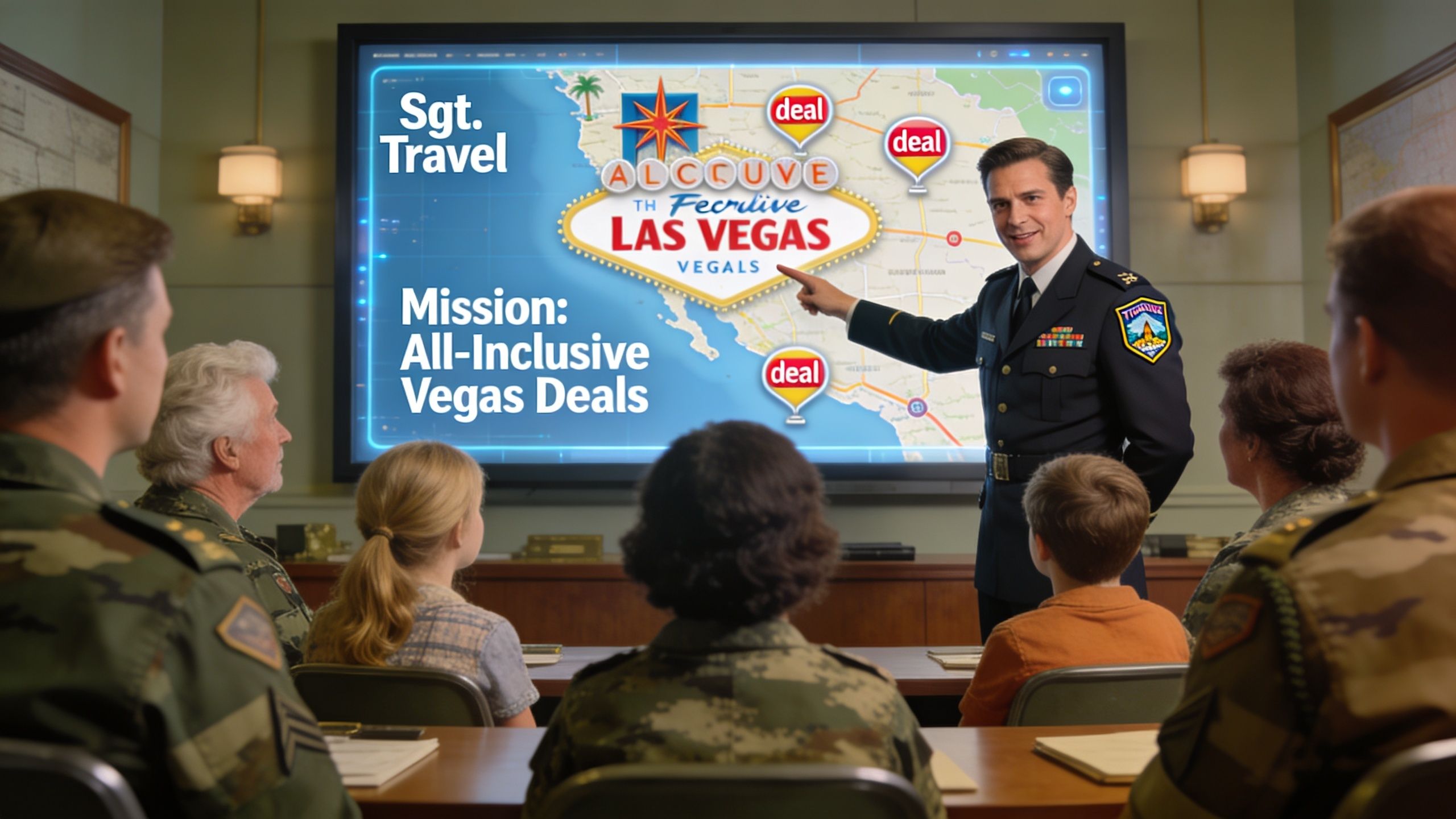 An officer in a military uniform points at a screen presenting Las Vegas all-inclusive vacation deals.