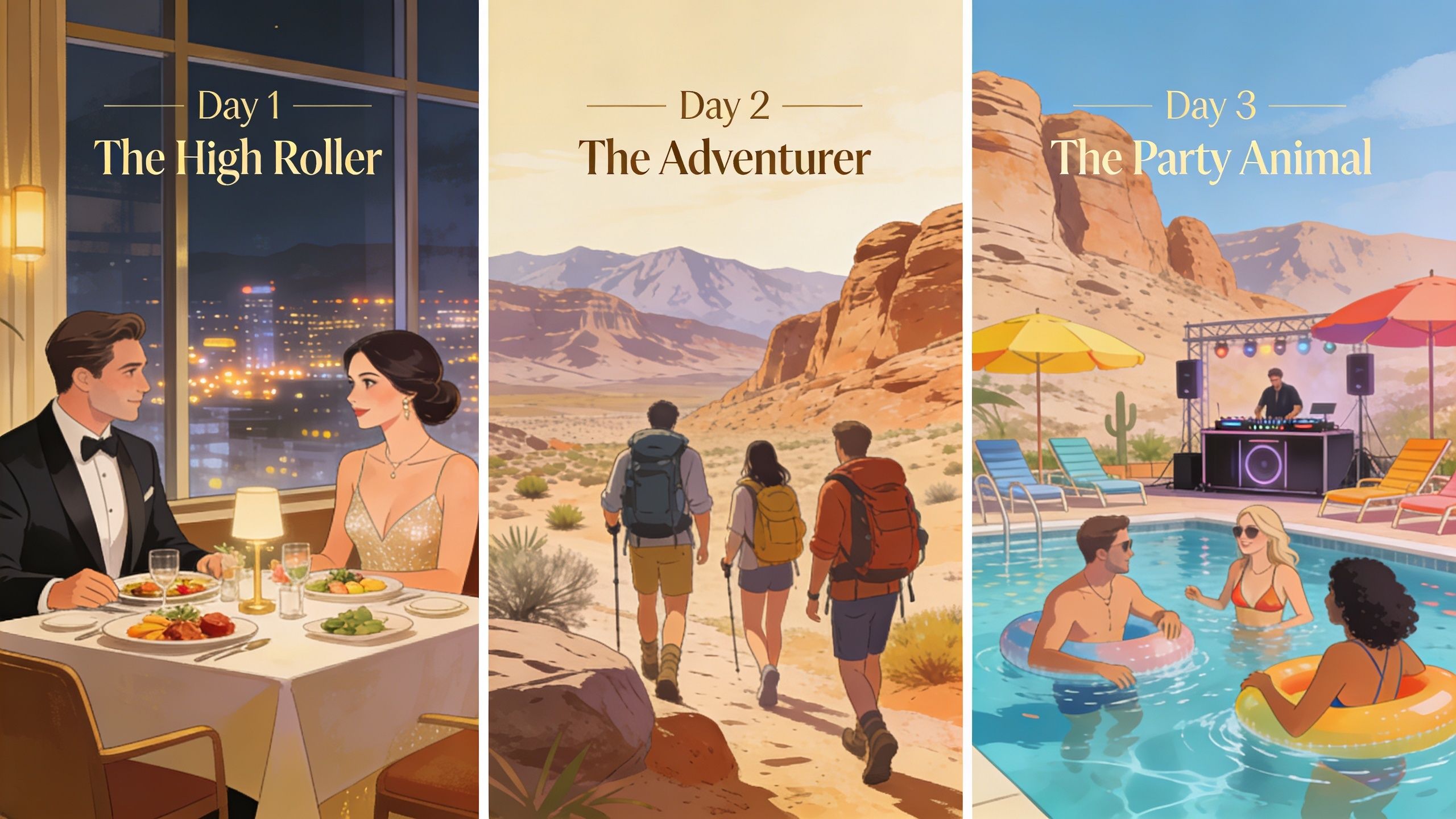 Three panels showing a luxury dinner, a desert hike, and a poolside party in Las Vegas.