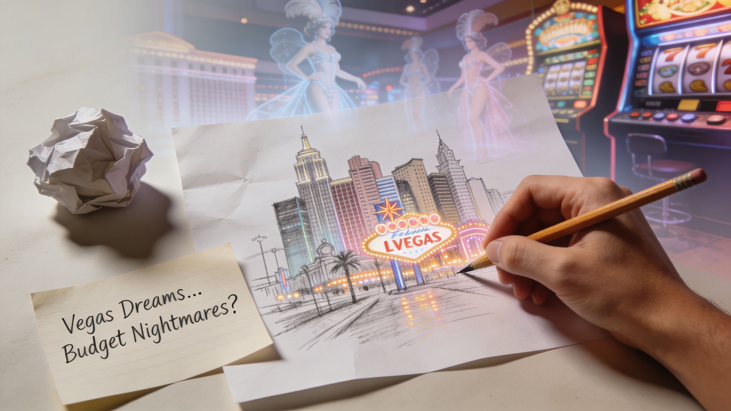 A hand drawing a sketch of the Las Vegas skyline with a note asking about budget nightmares.