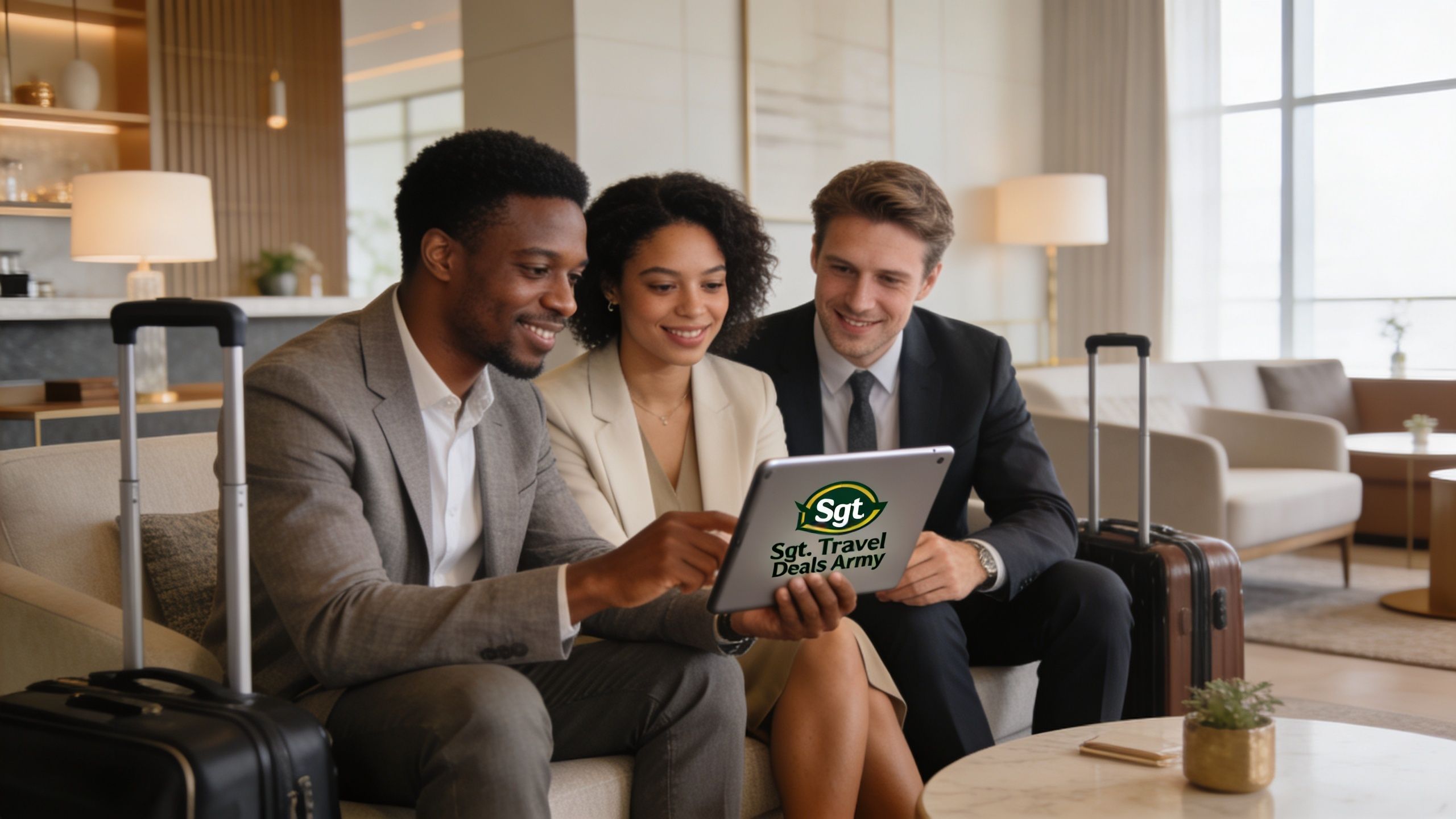 Three business professionals reviewing travel plans on a tablet in a modern upscale hotel lobby lounge.