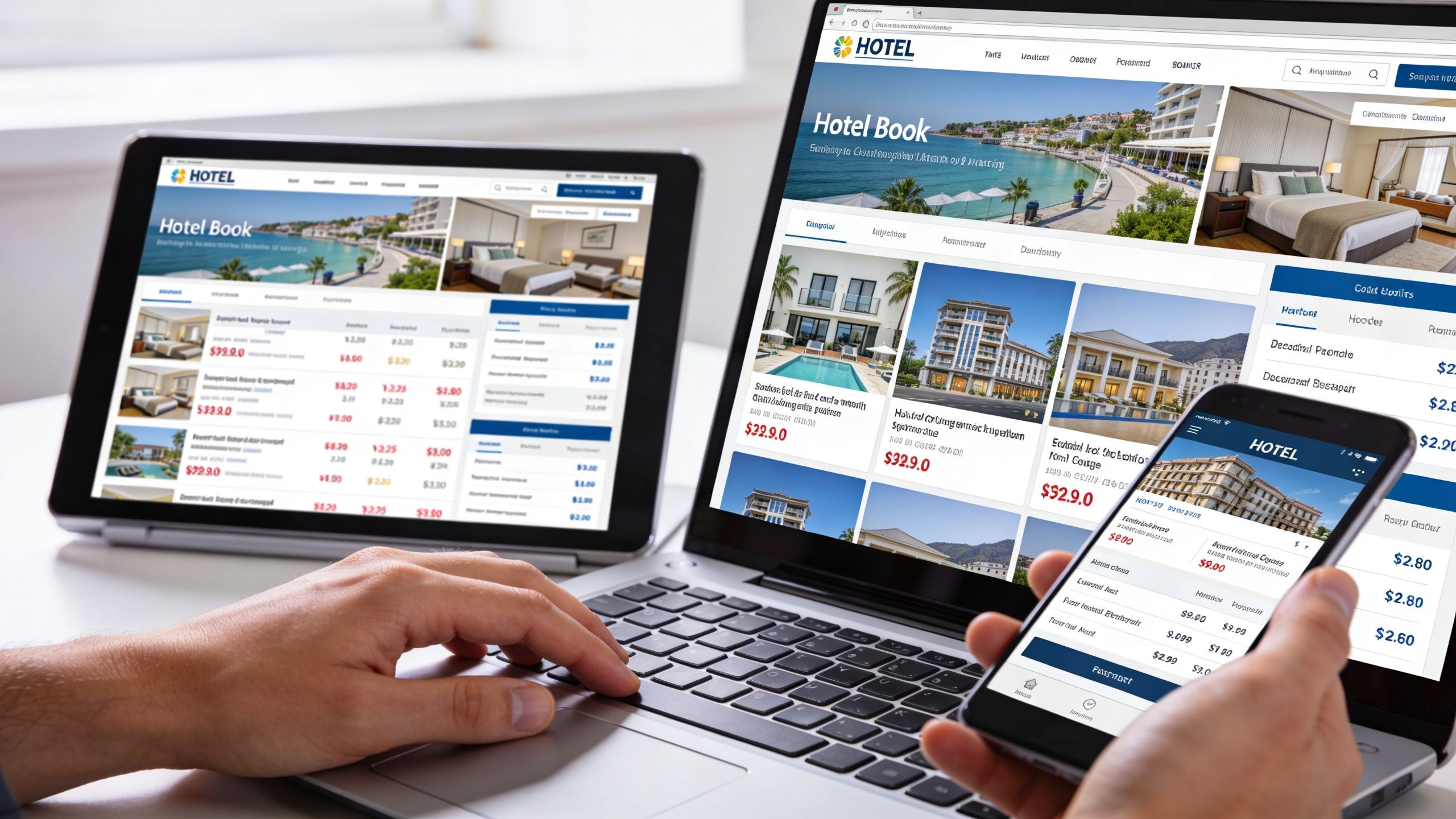 A person comparing hotel booking websites on a laptop, tablet, and smartphone for travel planning.