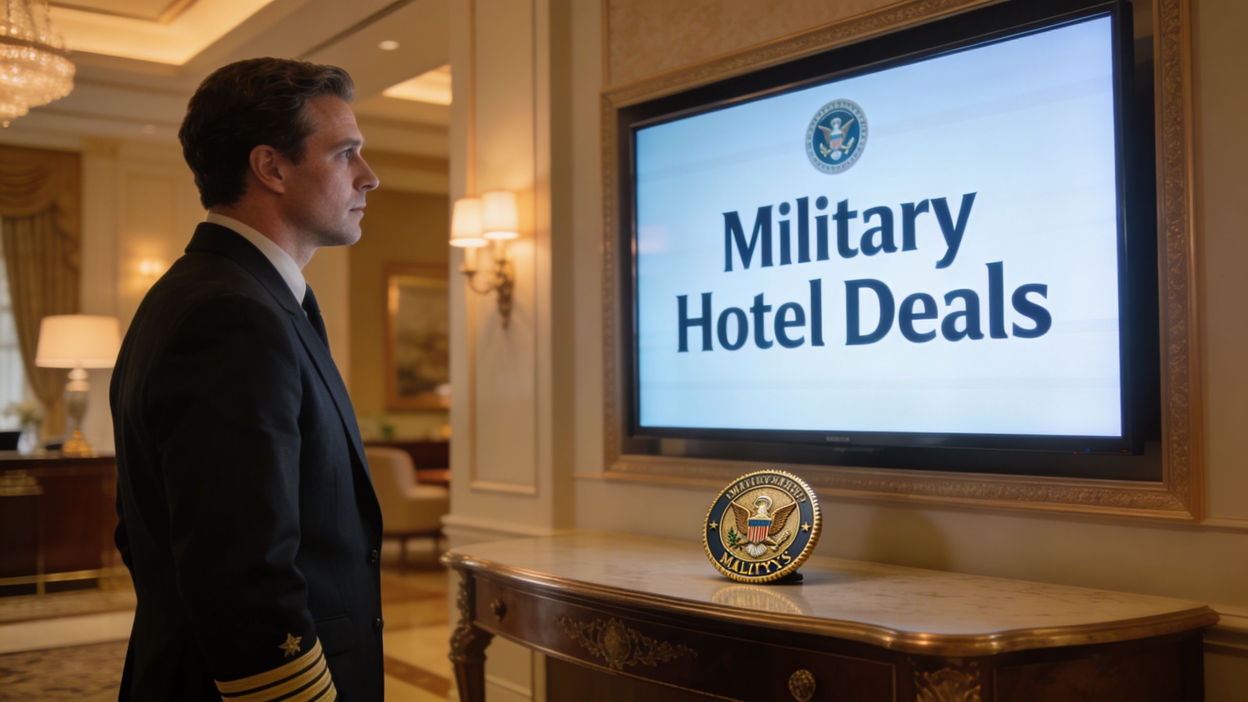 A uniformed military officer standing in a hotel lobby looking at a screen displaying military hotel deals.