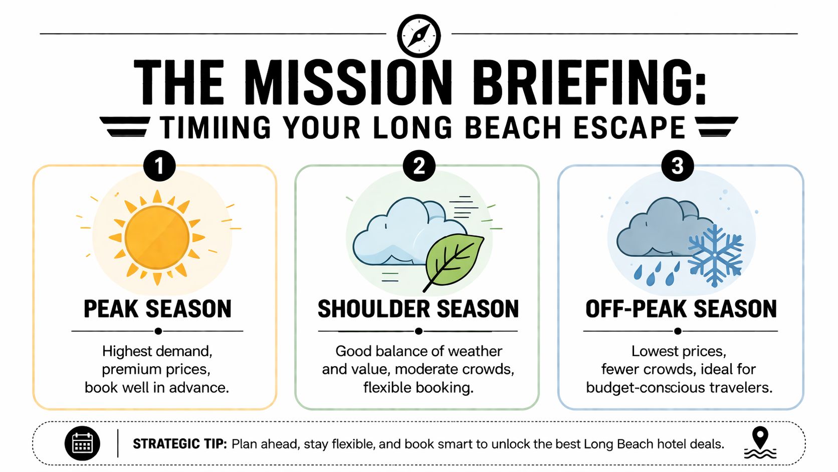 An infographic detailing the best times to travel to Long Beach, categorizing peak, shoulder, and off-peak seasons.