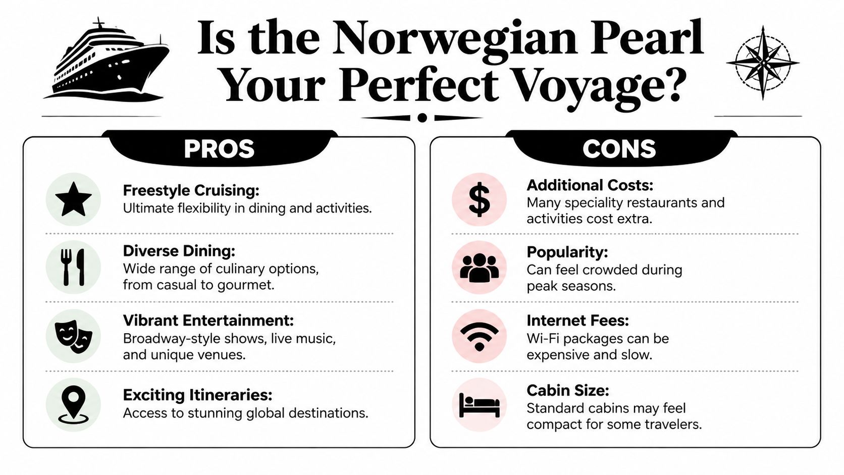A comparison chart outlining the pros and cons of taking a voyage on the Norwegian Pearl cruise ship.