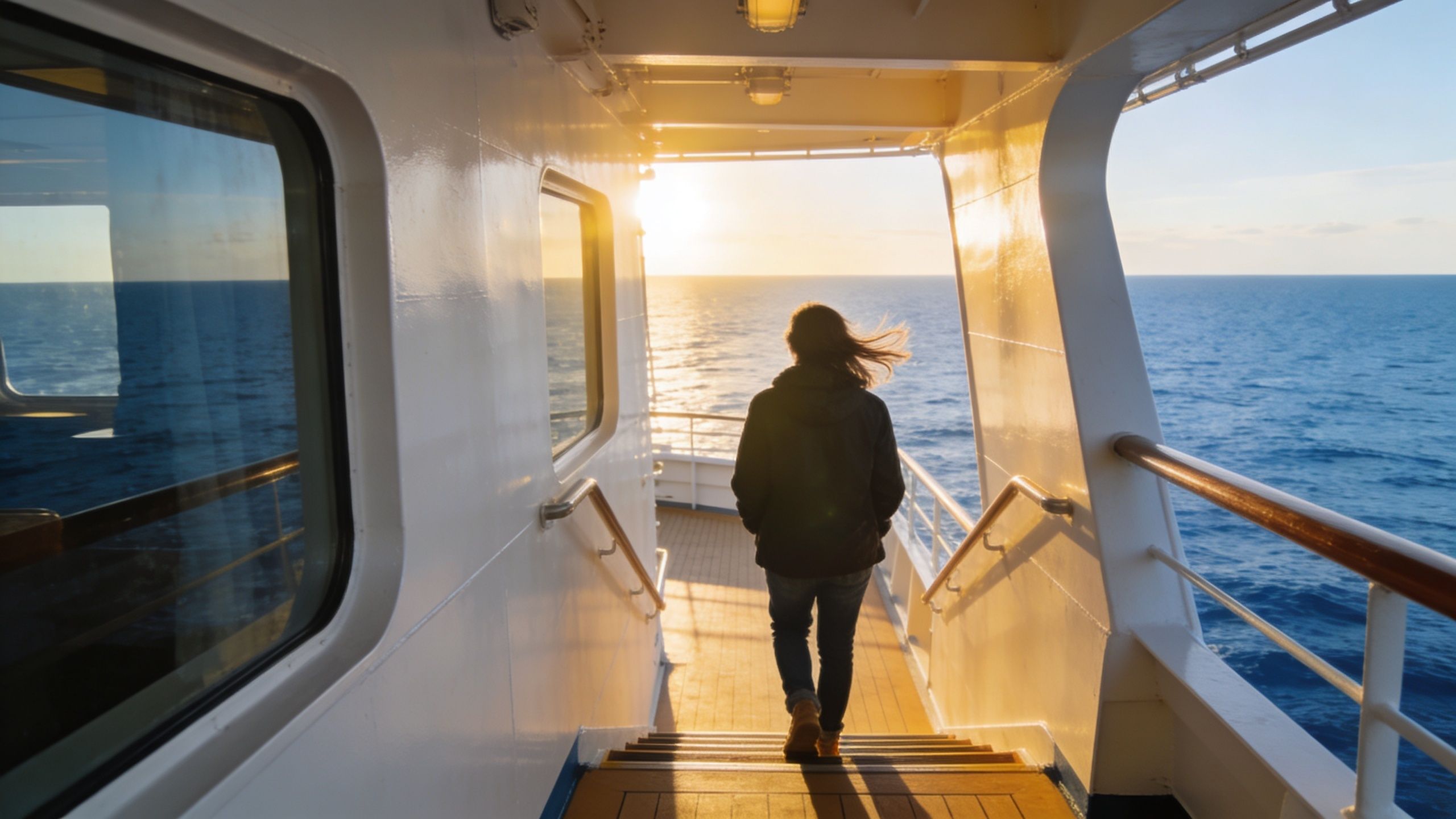 A person walking down the stairs on the deck of a cruise ship during a golden sunset