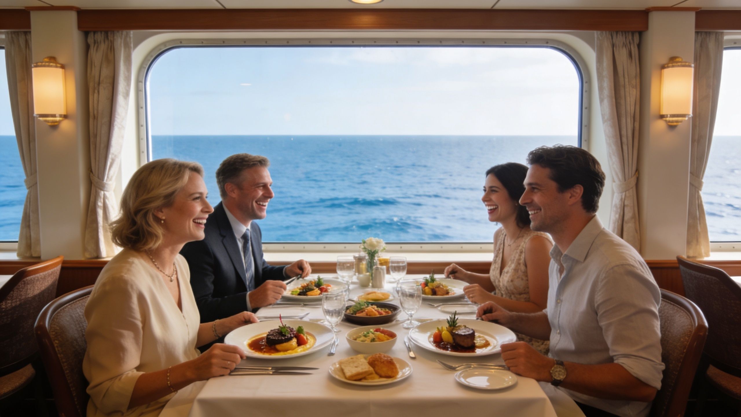 Two couples enjoying an elegant dinner with a beautiful ocean view aboard a cruise ship.