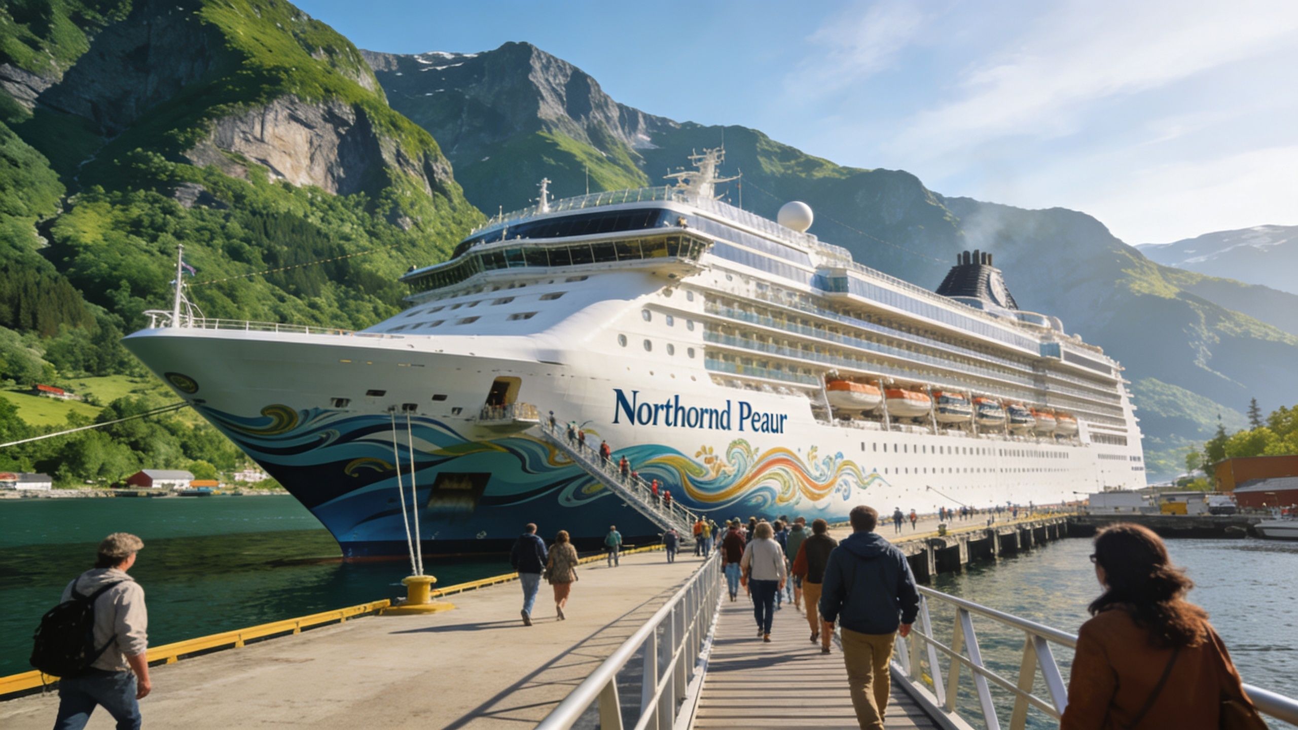 Passengers walking on a pier toward a large Norwegian Pearl cruise ship docked in a scenic fjord.