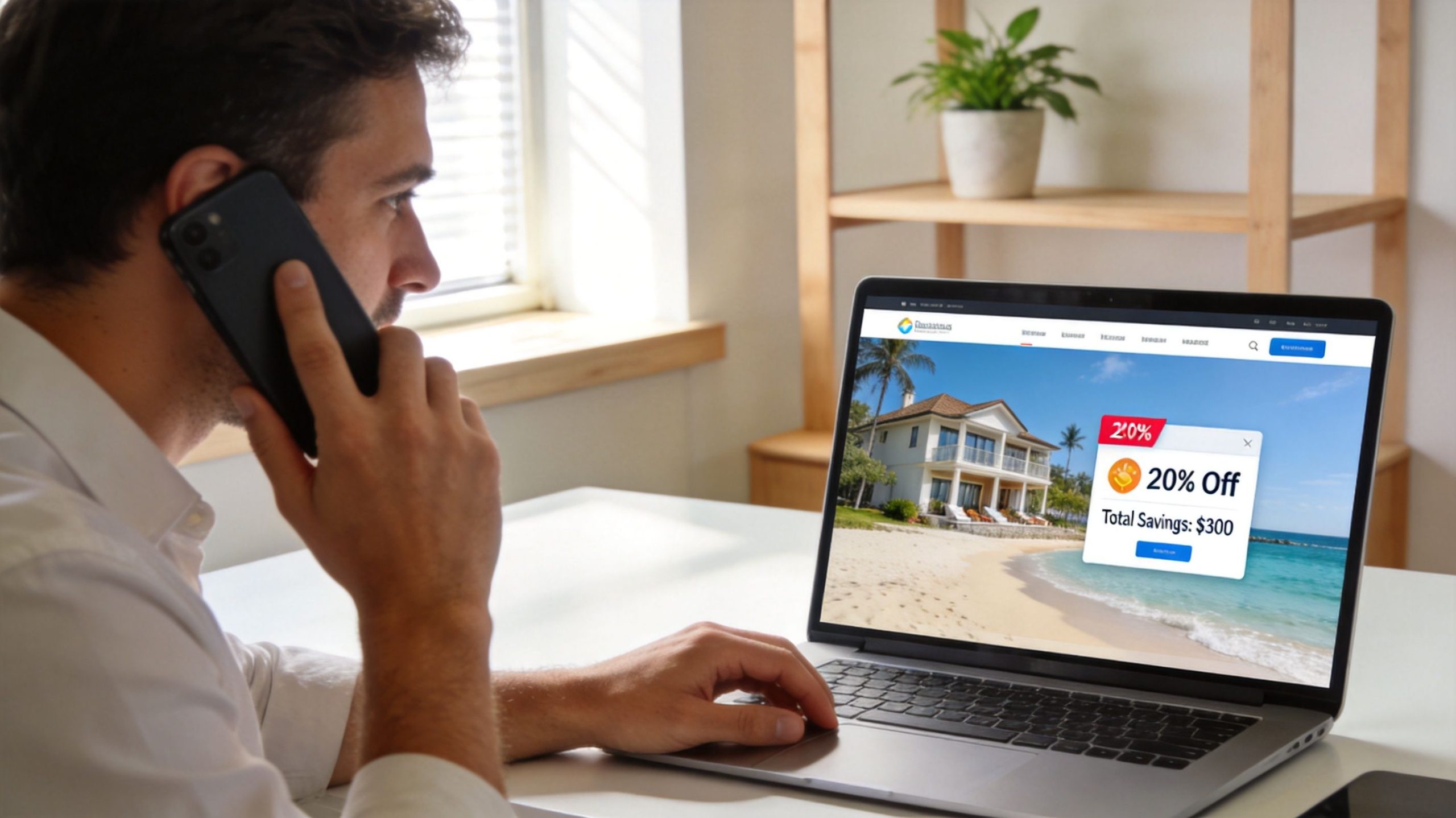 A man in a white shirt talks on his smartphone while viewing a beach house rental website on his laptop.