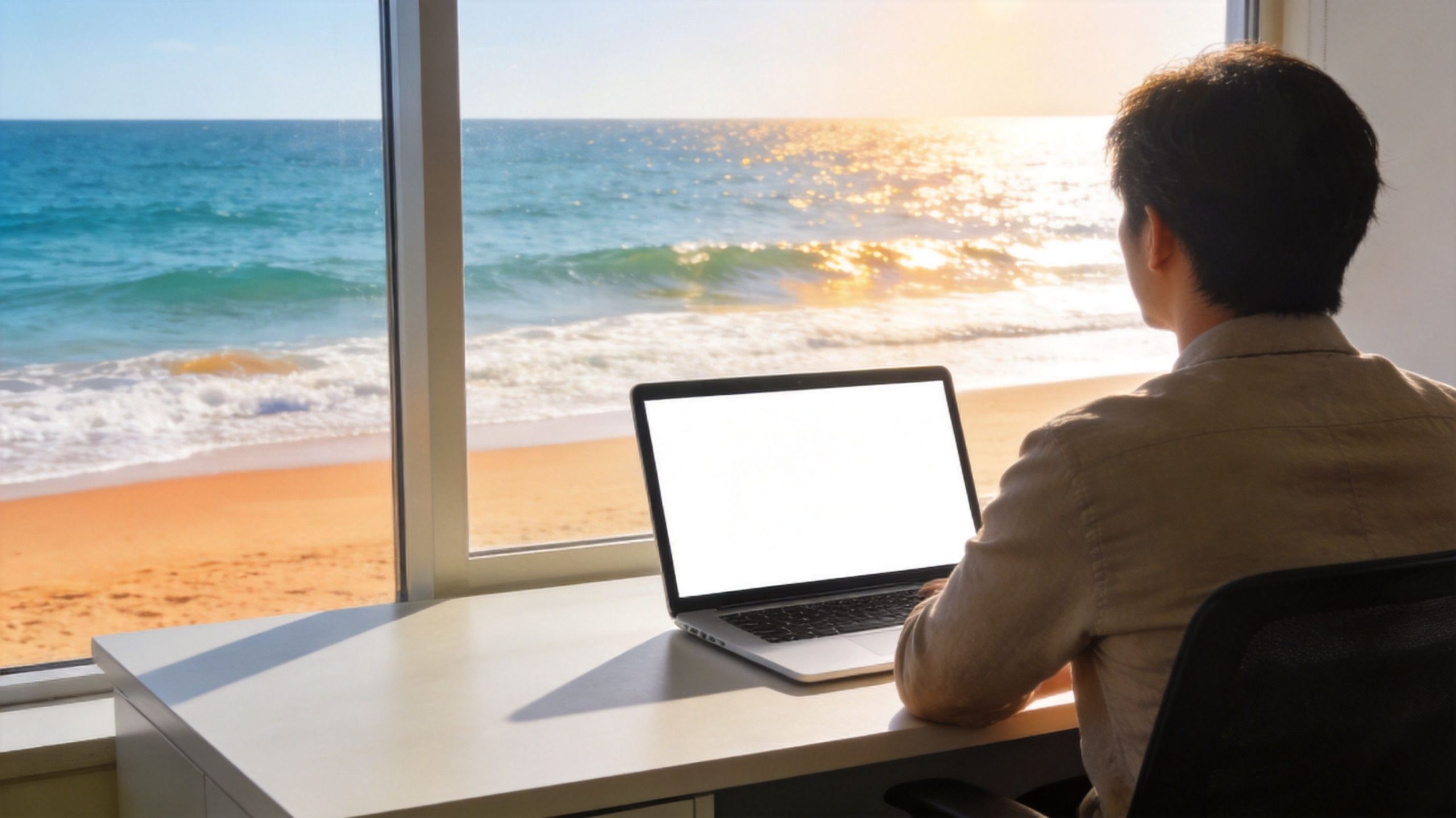 A person working on a laptop at a desk overlooking a beautiful sunny beach ocean view.
