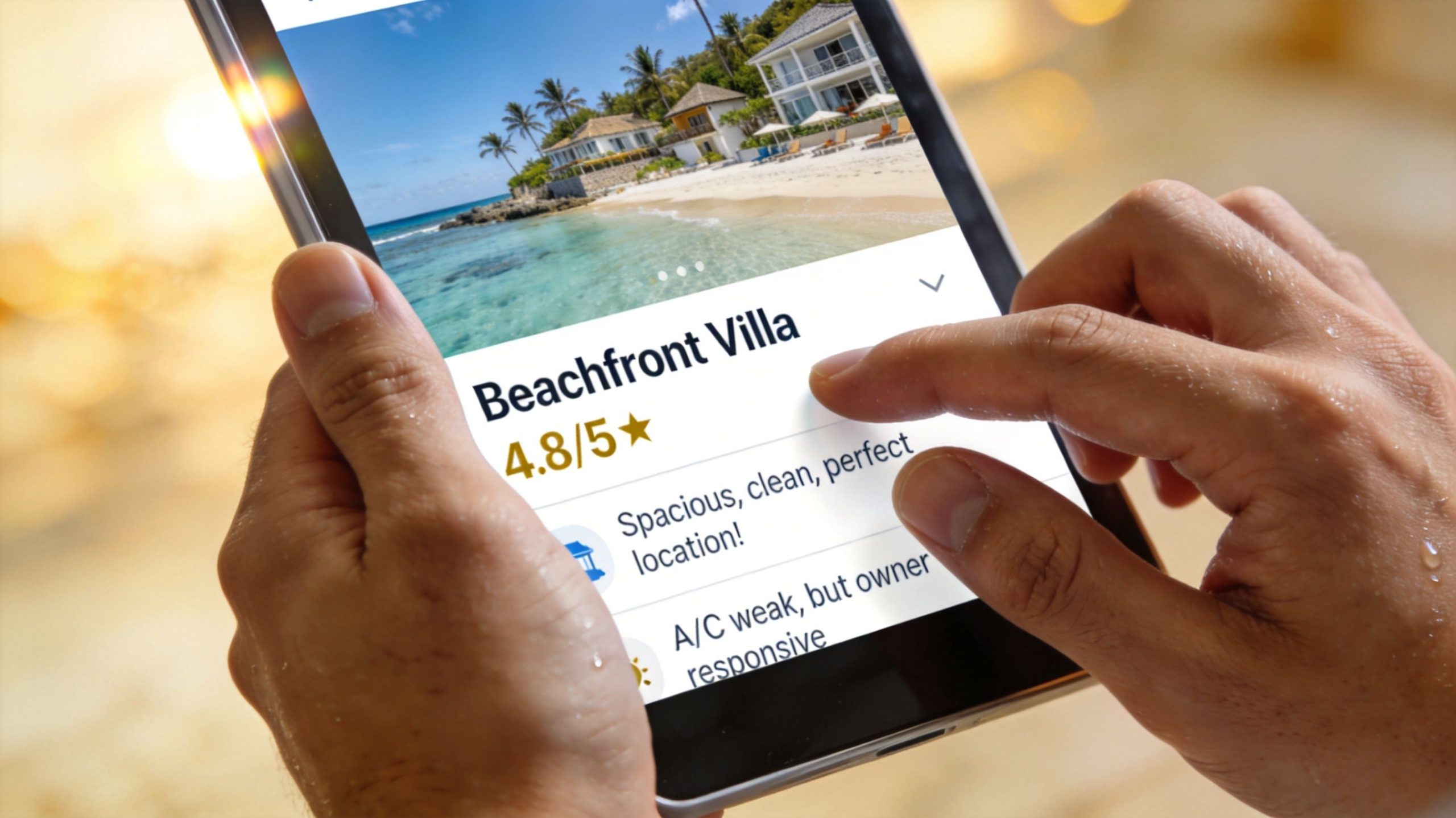 A close-up view of a person using a tablet to view Beachfront Villa rental information online.
