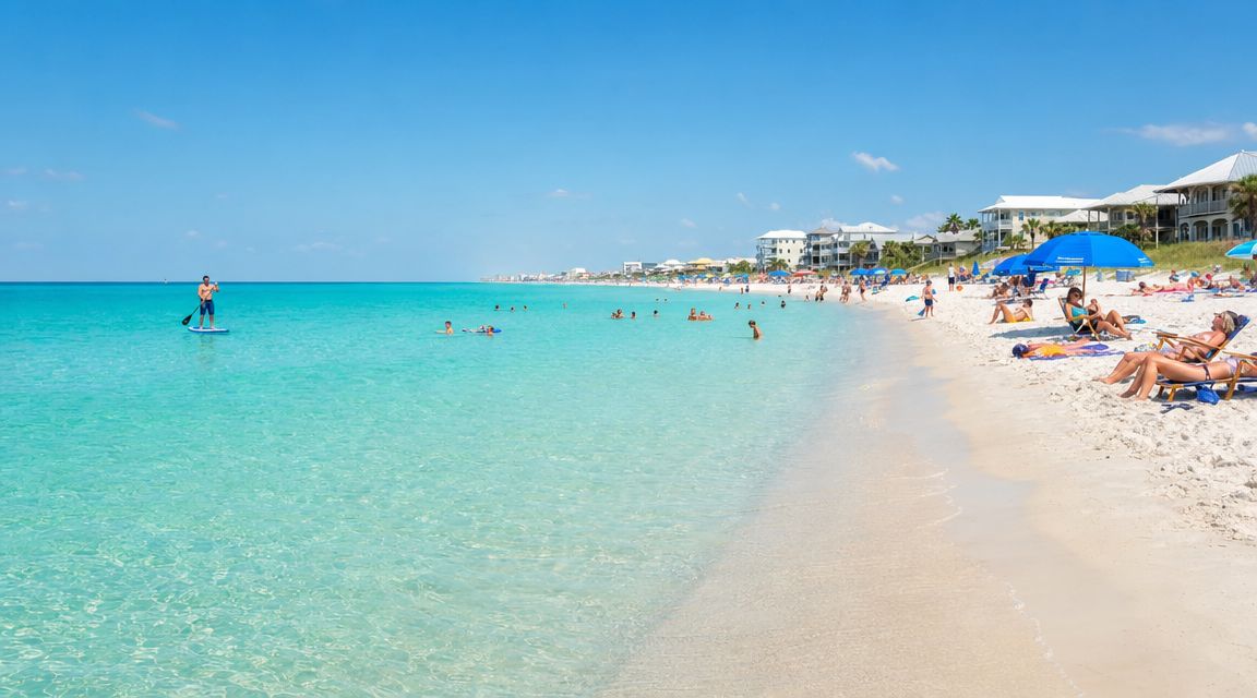 A wide angle view of the turquoise waters and white sandy beach at Seacrest Beach in Florida.