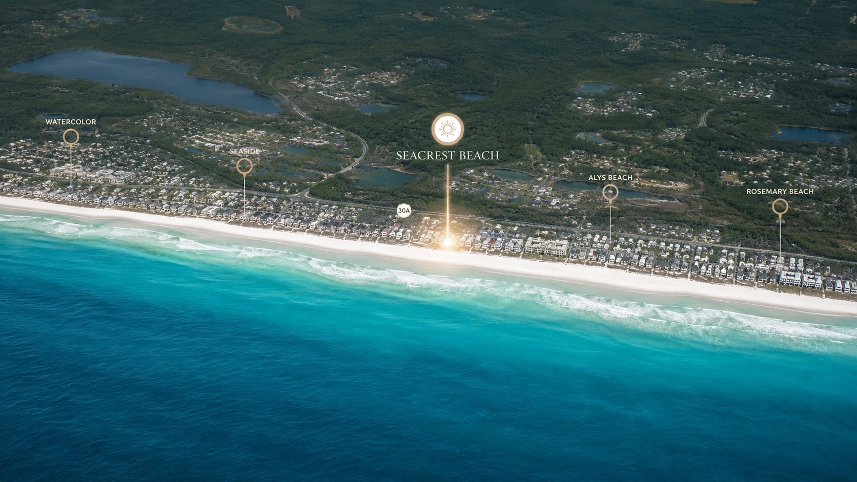 An aerial view of the coastline along 30A in Florida, highlighting Seacrest Beach and surrounding coastal communities.