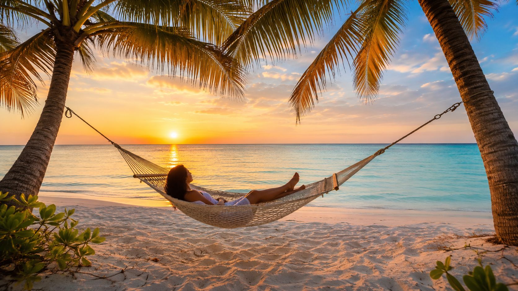 A woman relaxing in a hammock strung between two palm trees at sunset on a sandy beach.