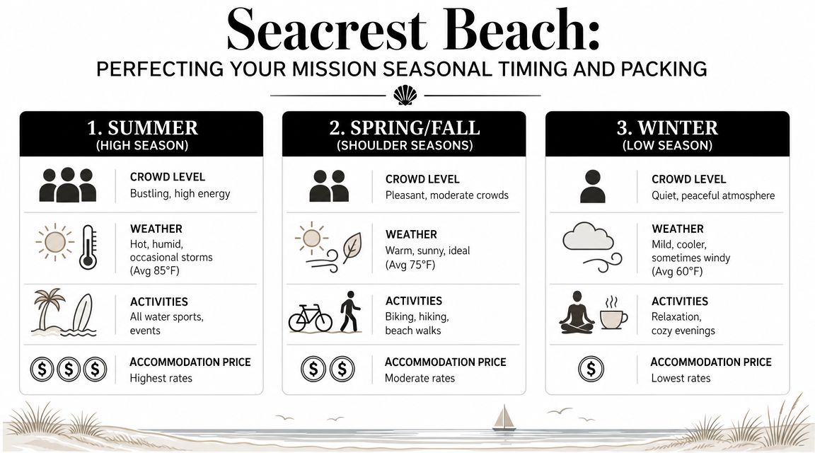 A travel guide graphic showing the crowd levels, weather, activities, and prices for Seacrest Beach by season.