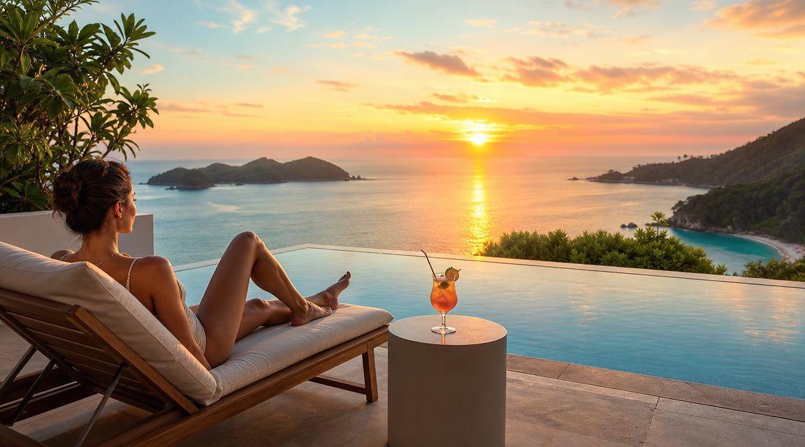 A woman relaxes on a lounge chair by an infinity pool overlooking a scenic tropical sunset.