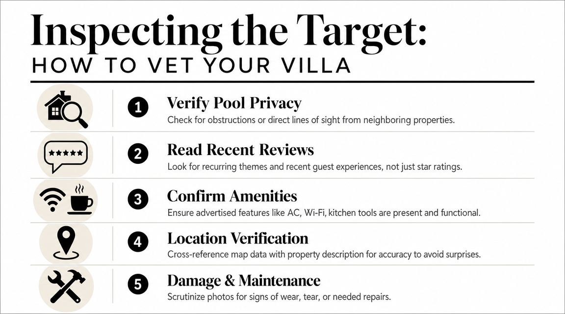 An infographic showing five essential steps to inspect and vet a villa before booking.