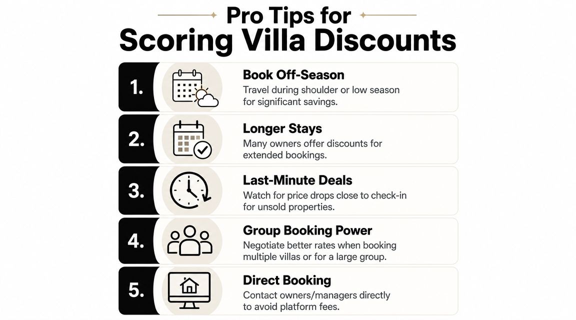 A list of five pro tips for getting discounts on vacation villa rentals including booking advice.