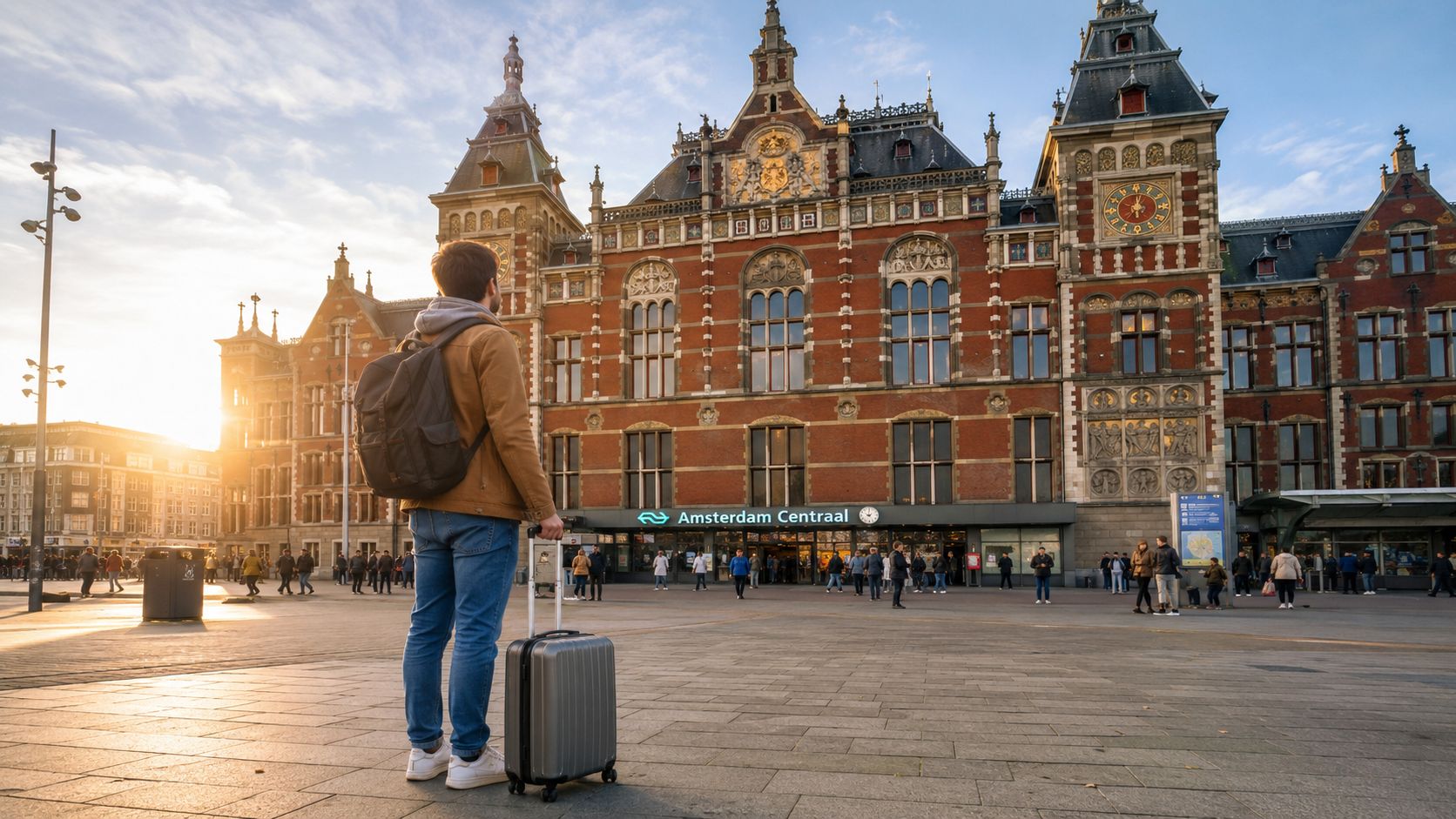 A traveler with a backpack and suitcase standing in front of the historic Amsterdam Centraal train station.