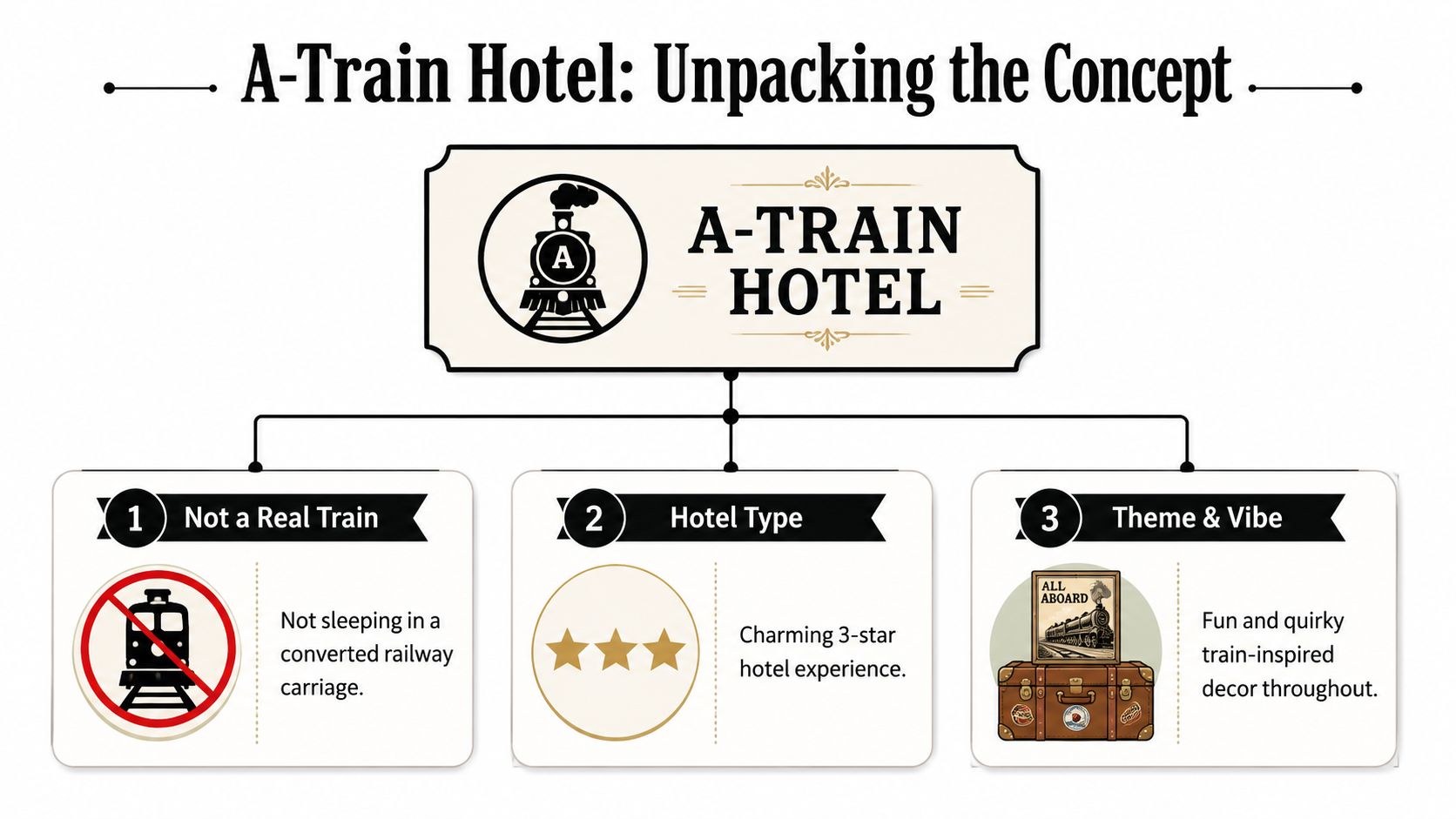 An infographic titled A-Train Hotel explaining it is not a real train but a themed hotel.