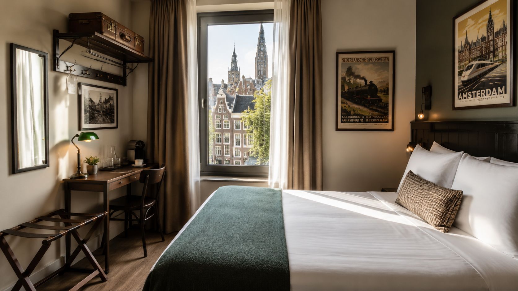 A cozy hotel room in Amsterdam featuring a view of historic buildings and a train-themed interior.