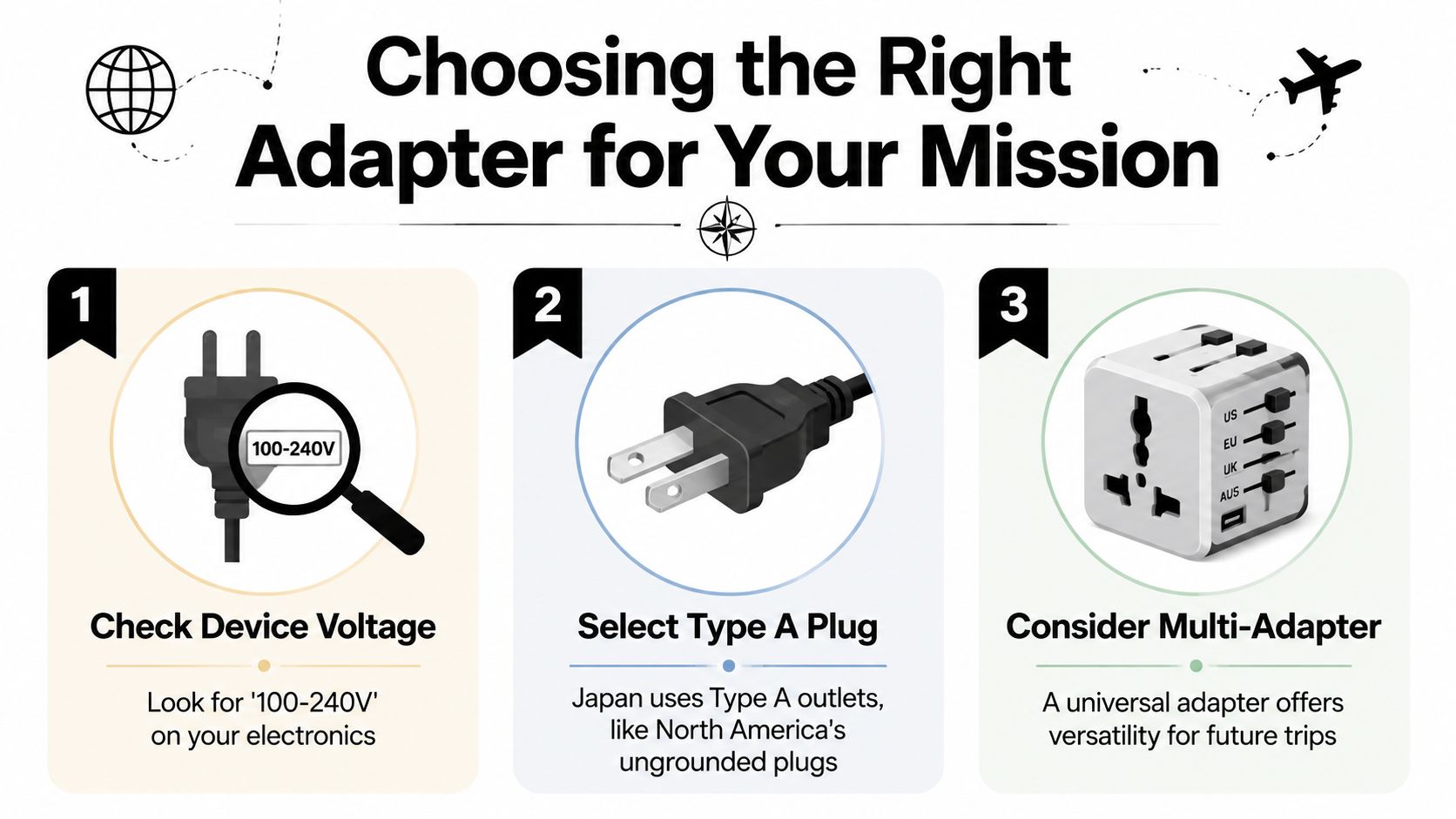 An infographic titled Choosing the Right Adapter for Your Mission, illustrating steps for international travel electricity needs.