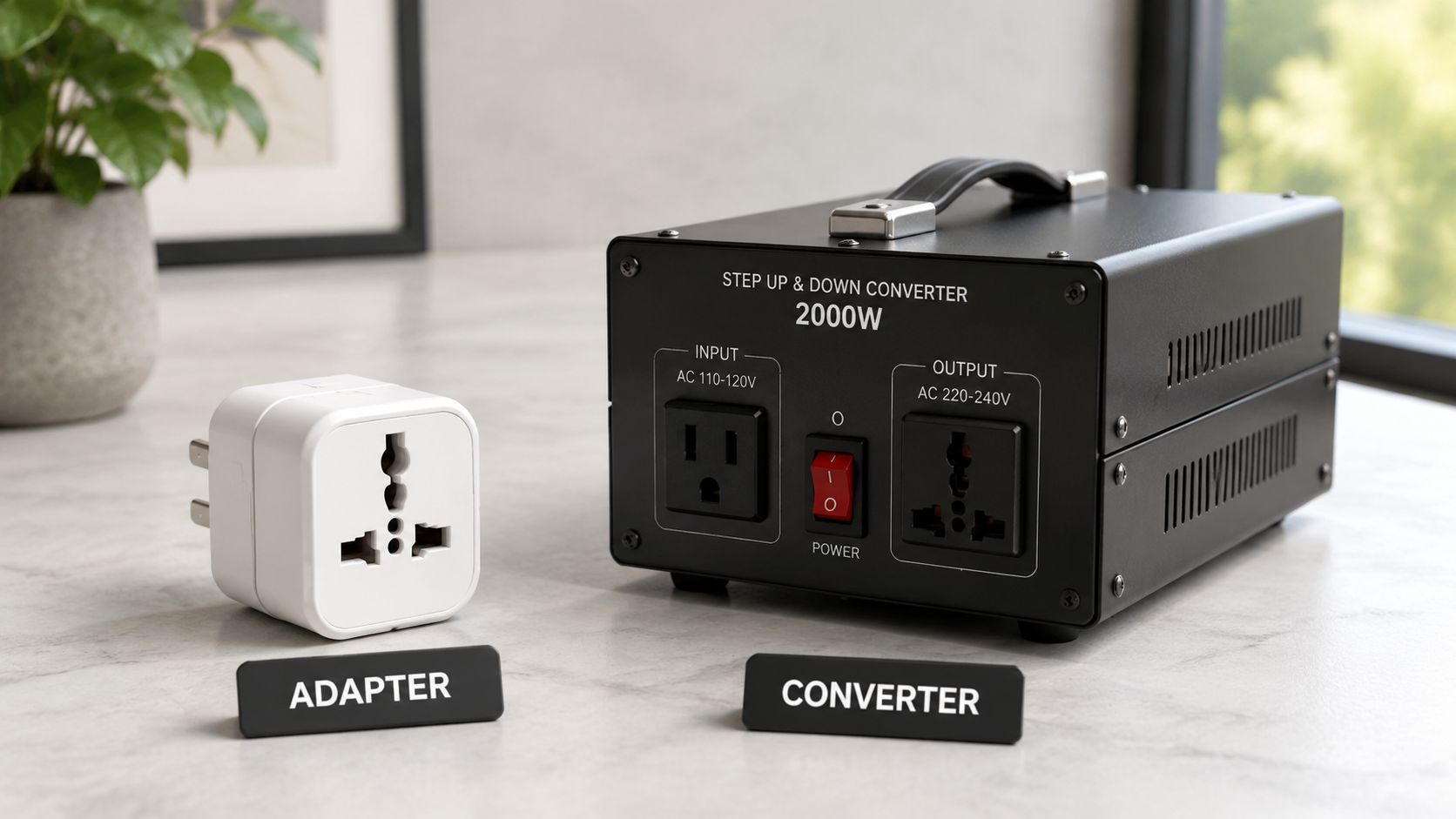 A travel plug adapter and a black voltage converter sitting on a marble countertop surface.