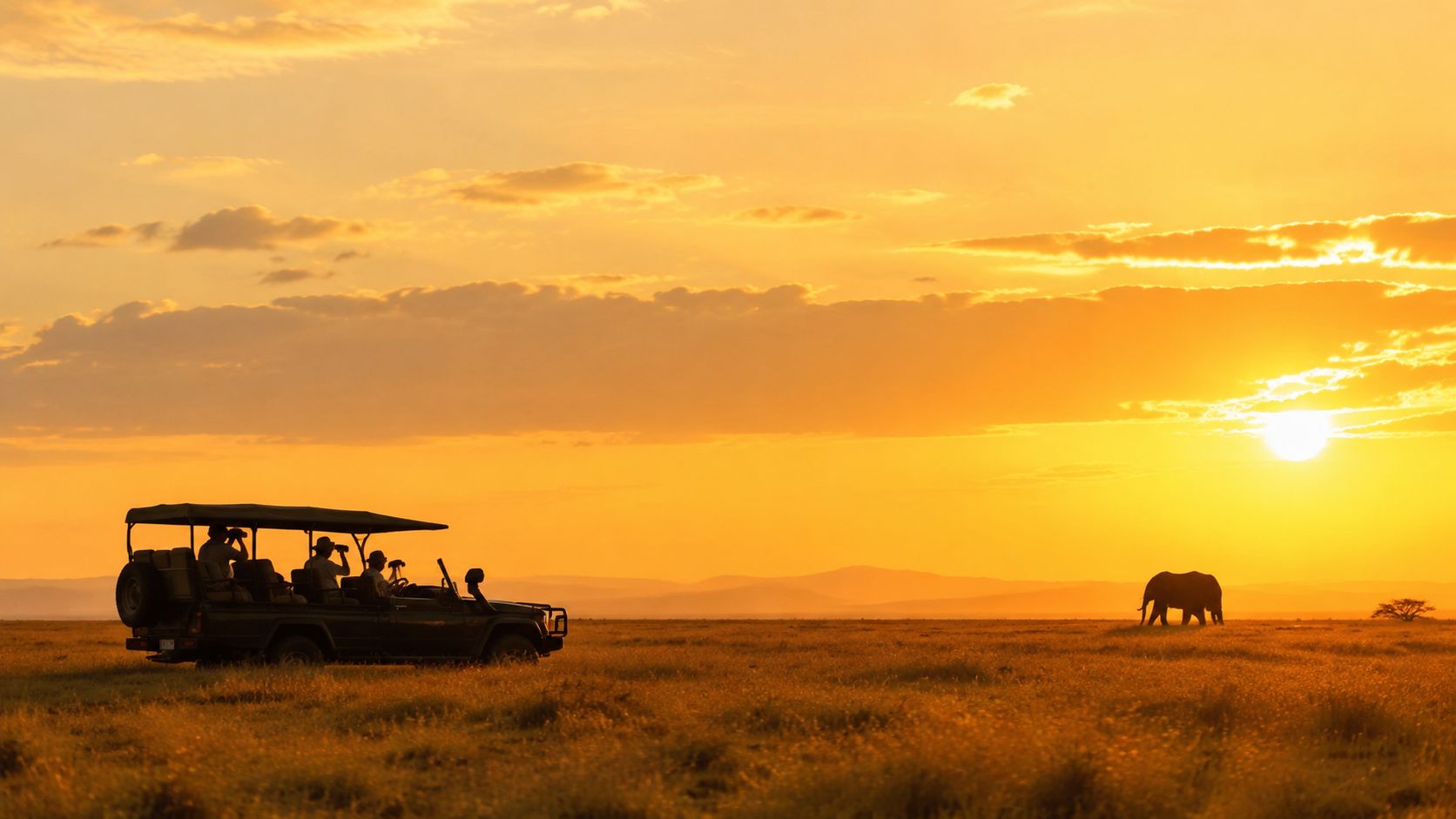 A silhouette of tourists in a safari vehicle watching an elephant during a beautiful golden sunset.