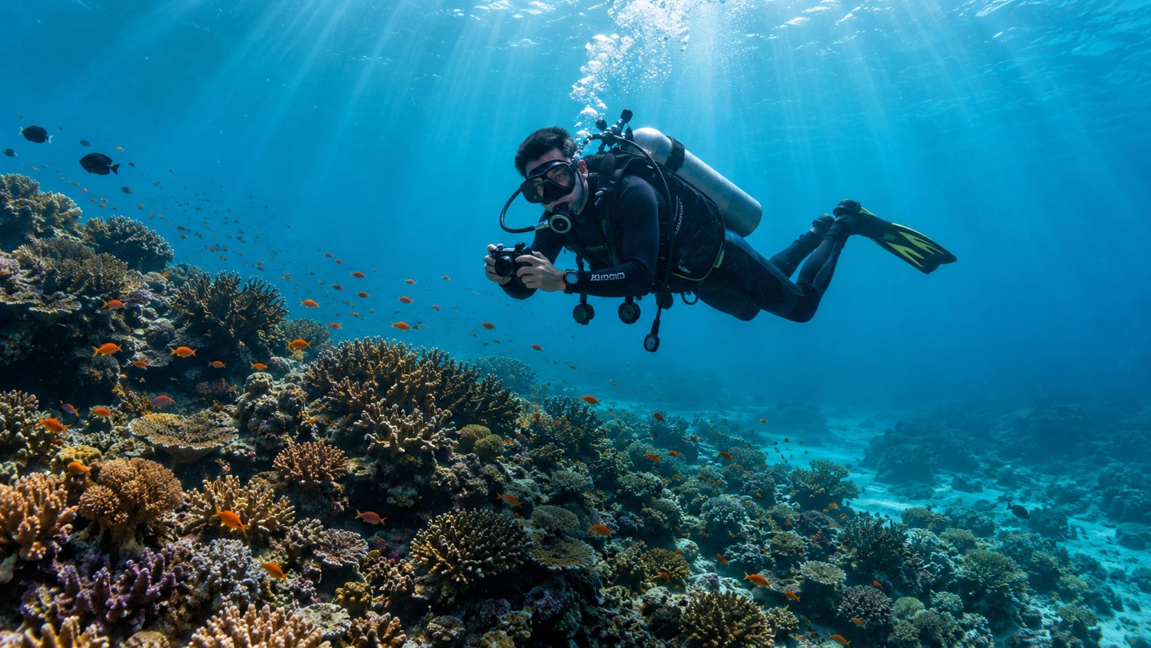 A scuba diver photographing a vibrant tropical coral reef filled with colorful small fish underwater