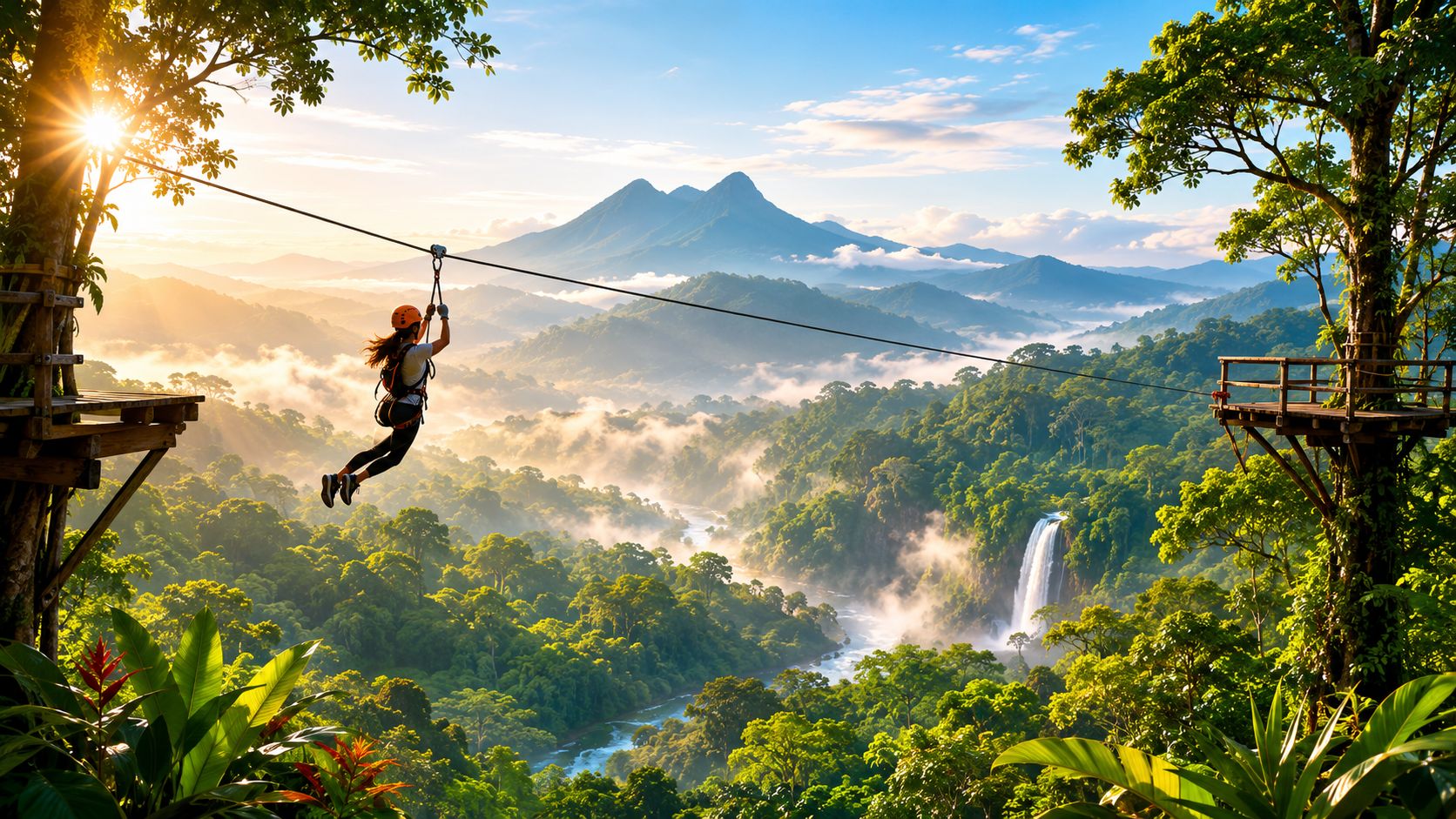A person on a zipline adventure soaring above a lush green tropical rainforest with a distant waterfall.