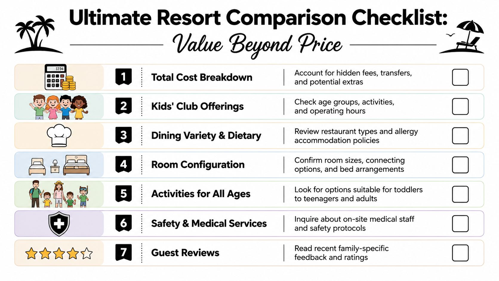 A seven-point checklist titled Ultimate Resort Comparison Checklist for families choosing a vacation resort.