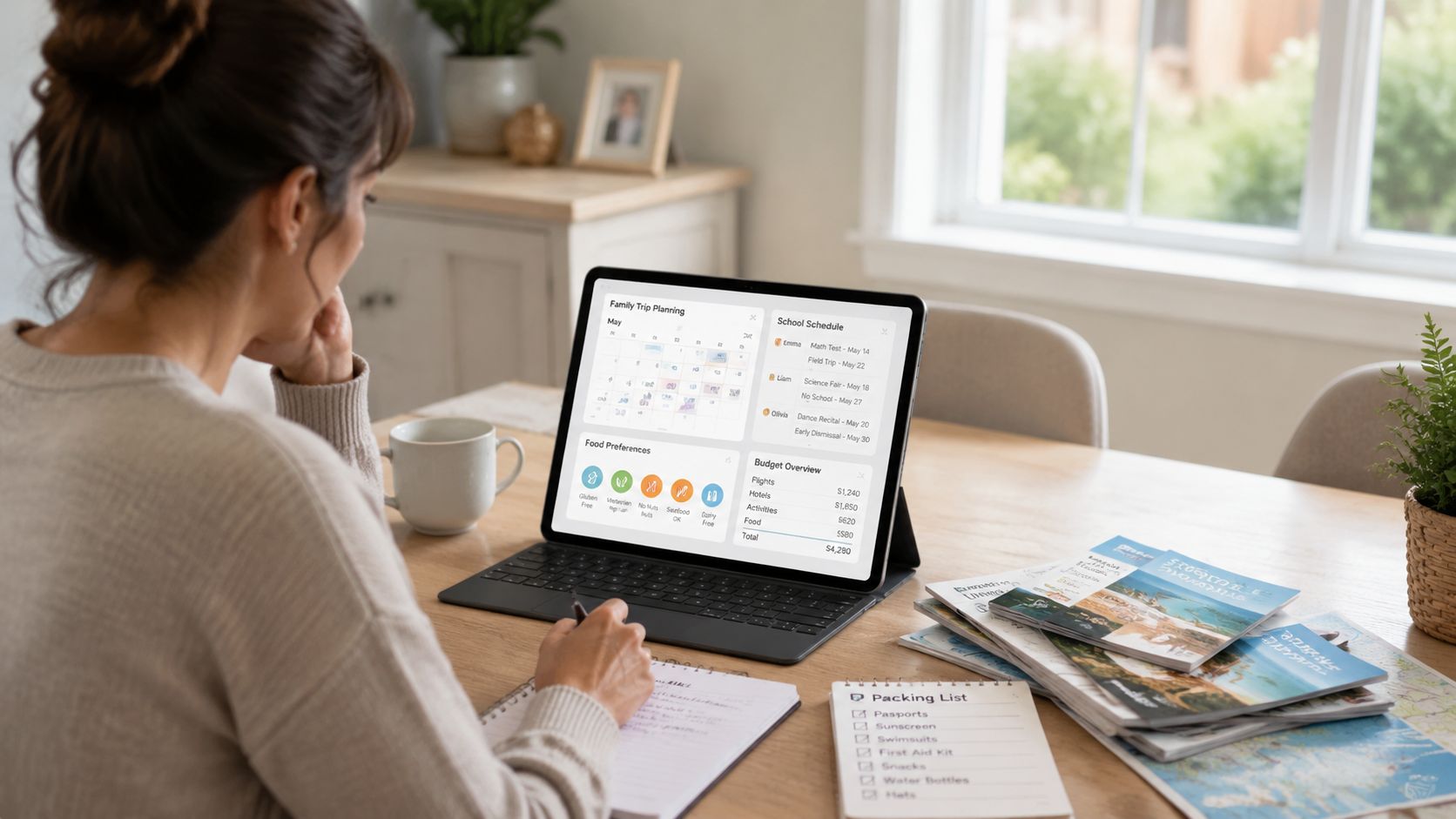 A woman working on a digital tablet to plan an all-inclusive family vacation at a wooden desk.