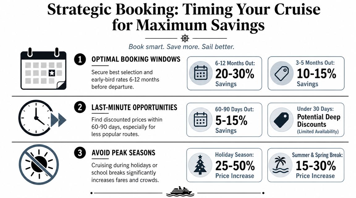 An infographic titled Strategic Booking detailing the best time to book a cruise for maximum savings.