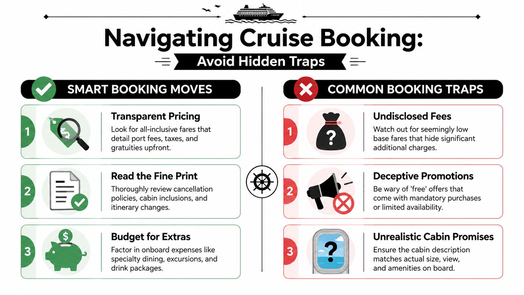 An infographic titled Navigating Cruise Booking outlining smart booking tips versus common booking traps for travelers.