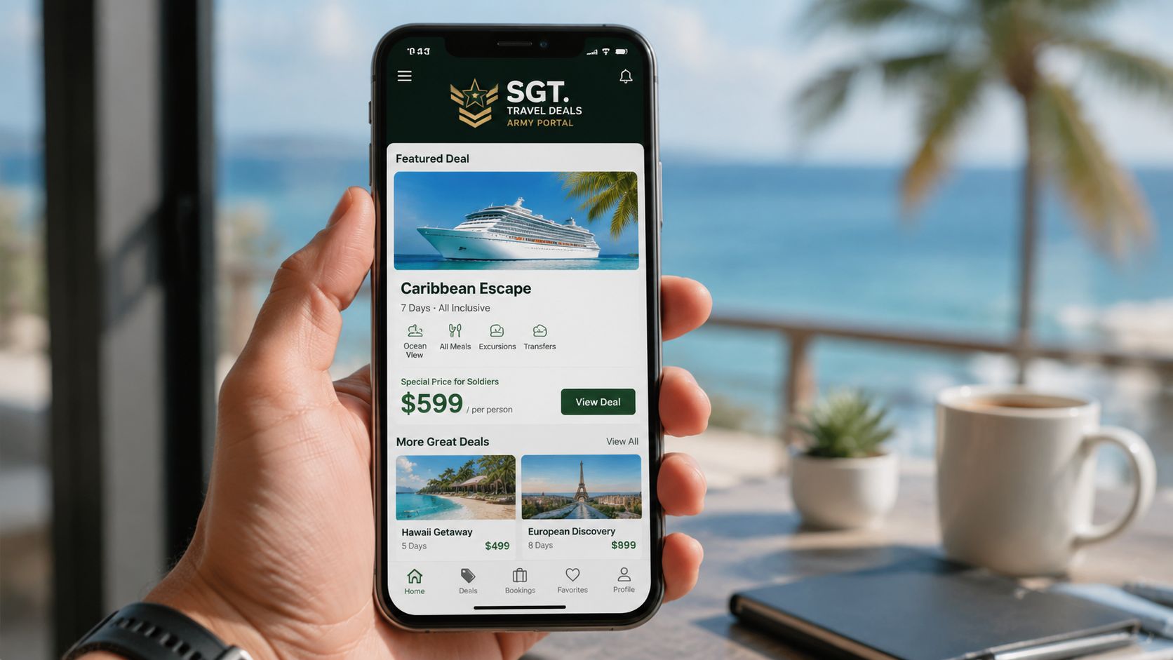 A hand holding a smartphone displaying a travel deal app interface featuring cruise and vacation packages.