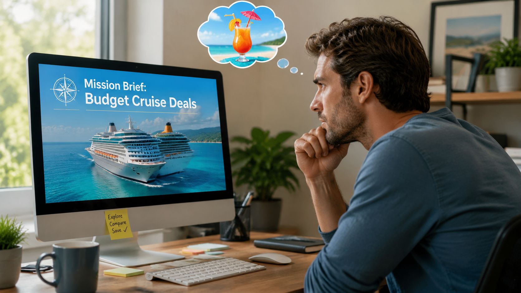 A man looks thoughtfully at a computer screen displaying budget cruise deals with a tropical cocktail daydream.