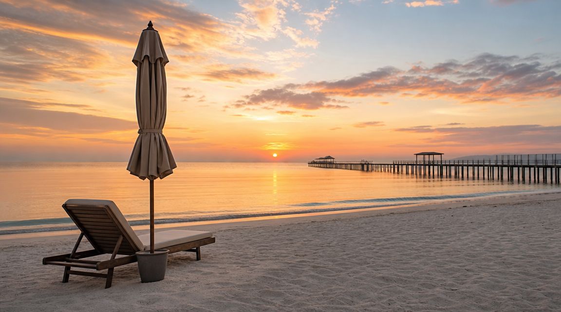 A serene beach scene with a lounge chair and closed umbrella at sunset near a long pier.
