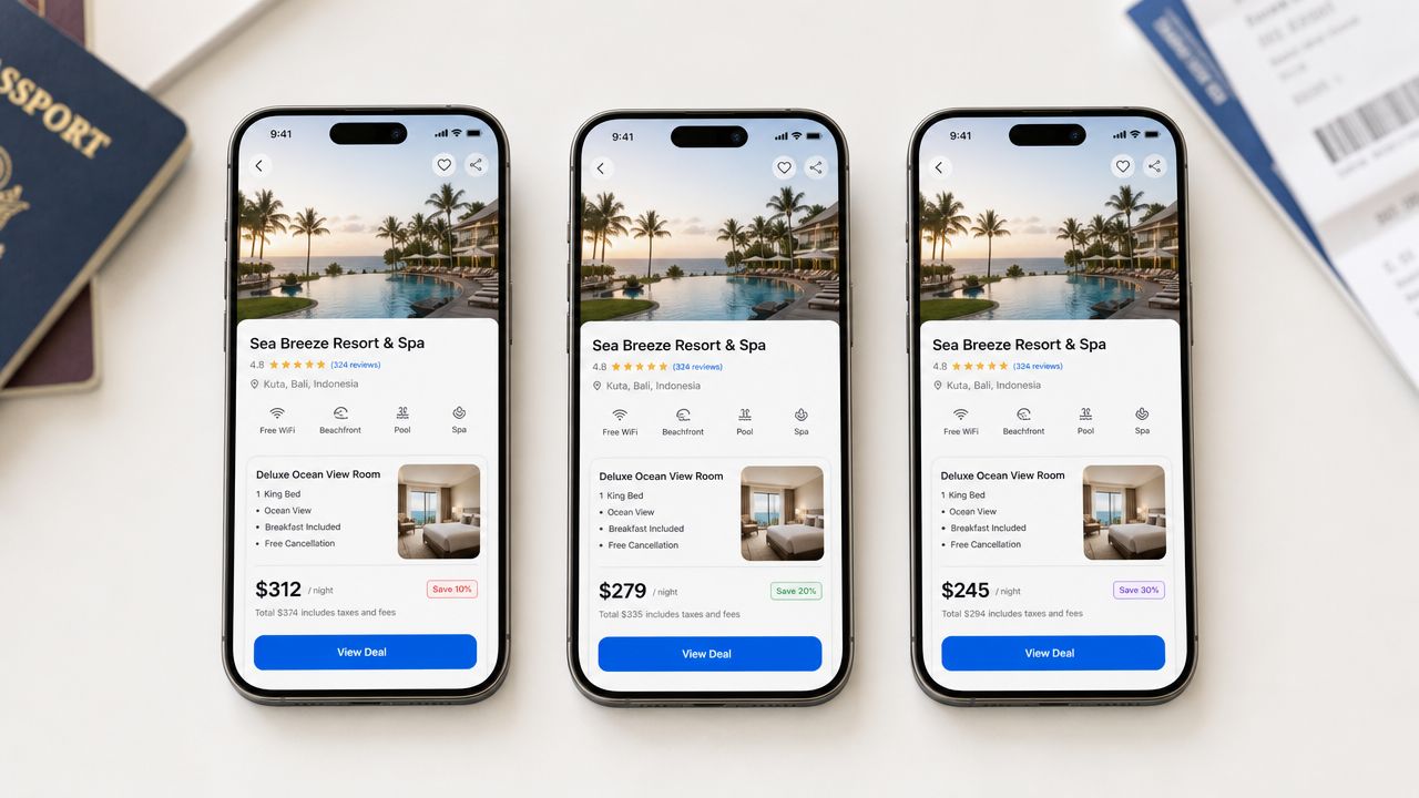 Three smartphones displaying the same resort booking page with varying price discounts on a clean table.