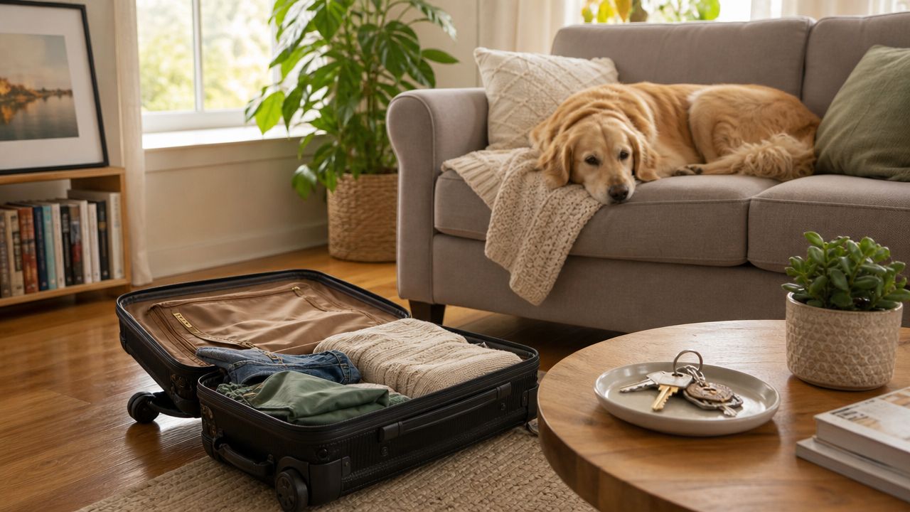 A golden retriever rests on a couch while a packed suitcase sits on the living room floor.