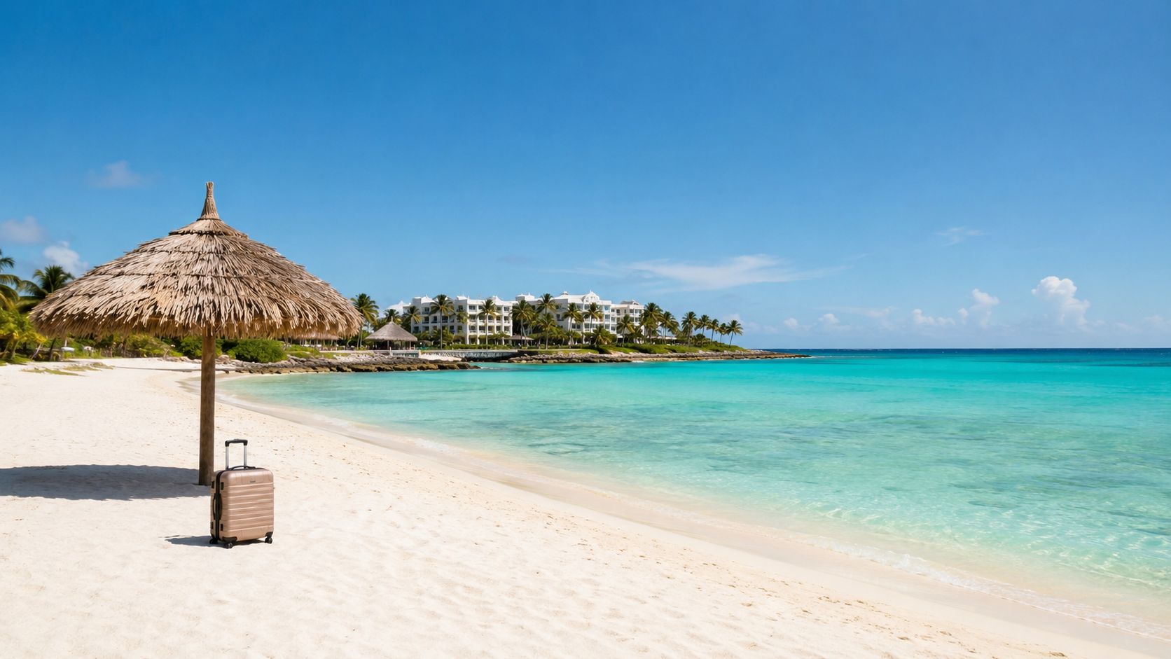 A beige suitcase sits alone on a white sand beach under a straw umbrella near tropical waters.